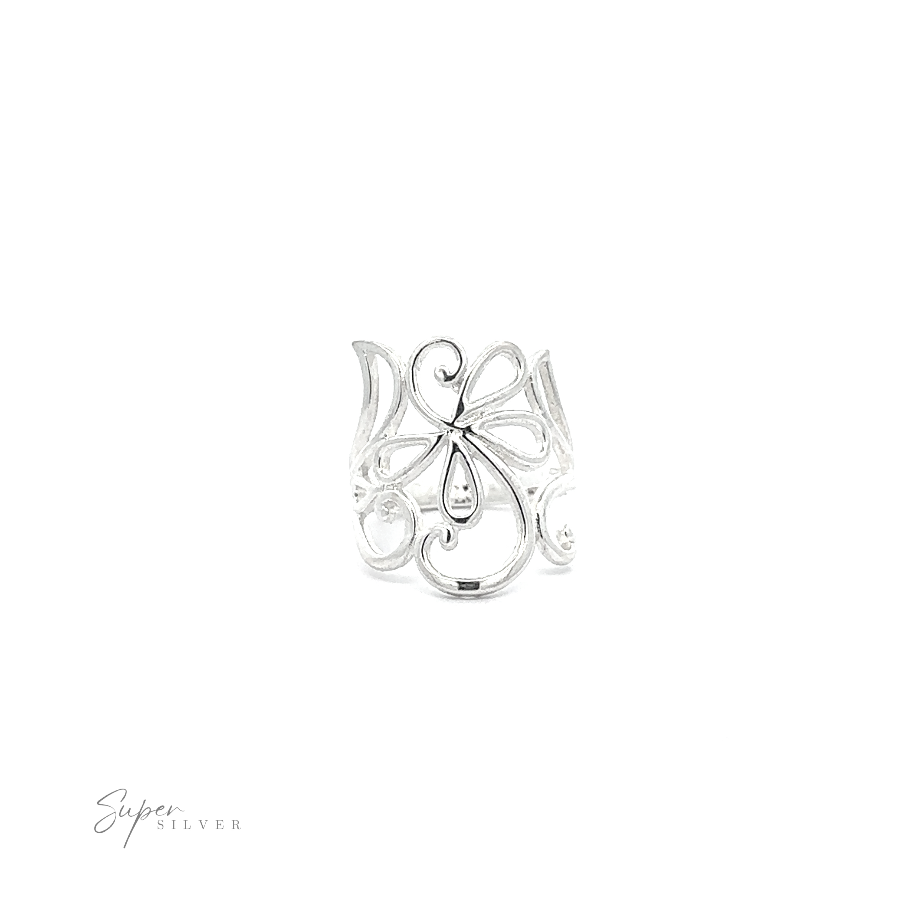 A freestyle Flower and Vine Ring with a cut-out flower design, meticulously crafted in sterling silver.