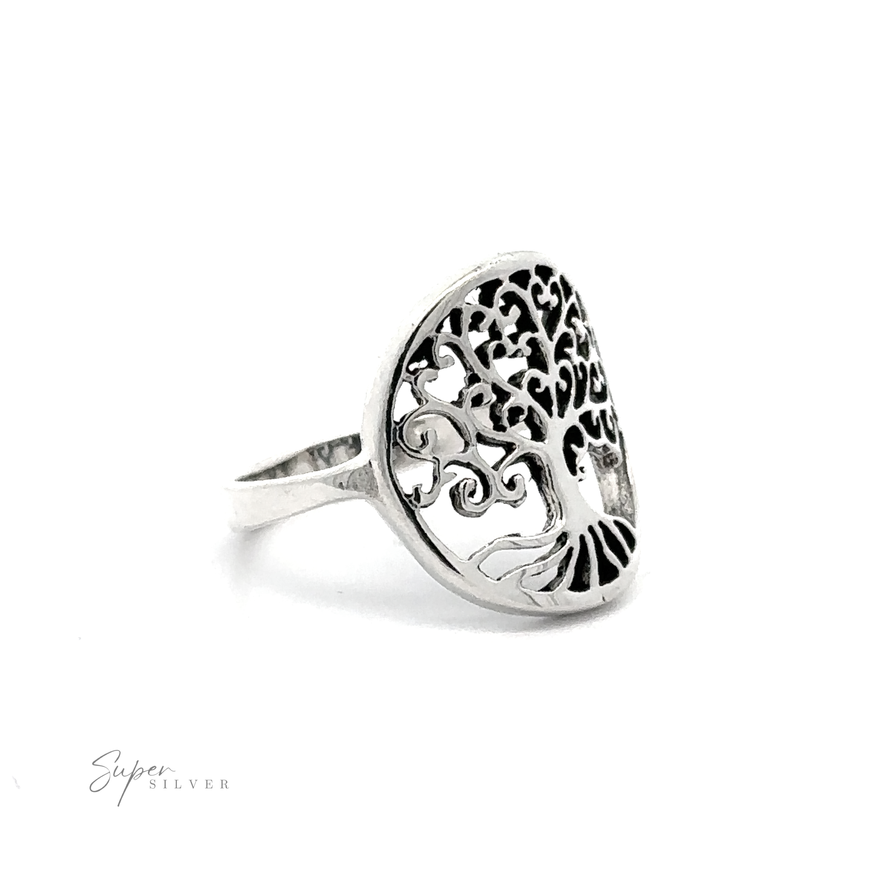 Swirling Tree of Life Ring with intricate Tree of Life filigree design on a white background.