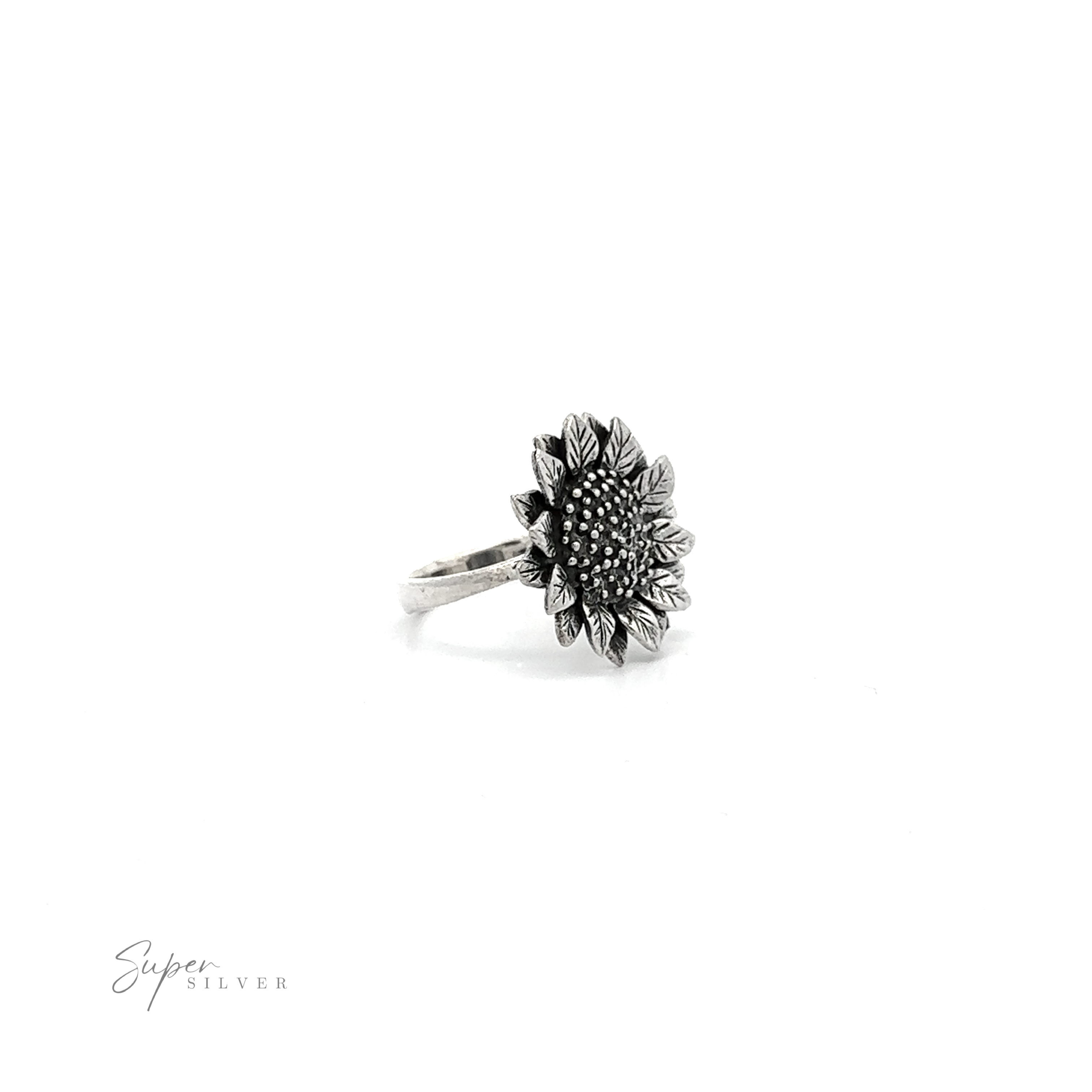 Large Sunflower Ring with detailed petal engravings and a textured center displayed on a white background.