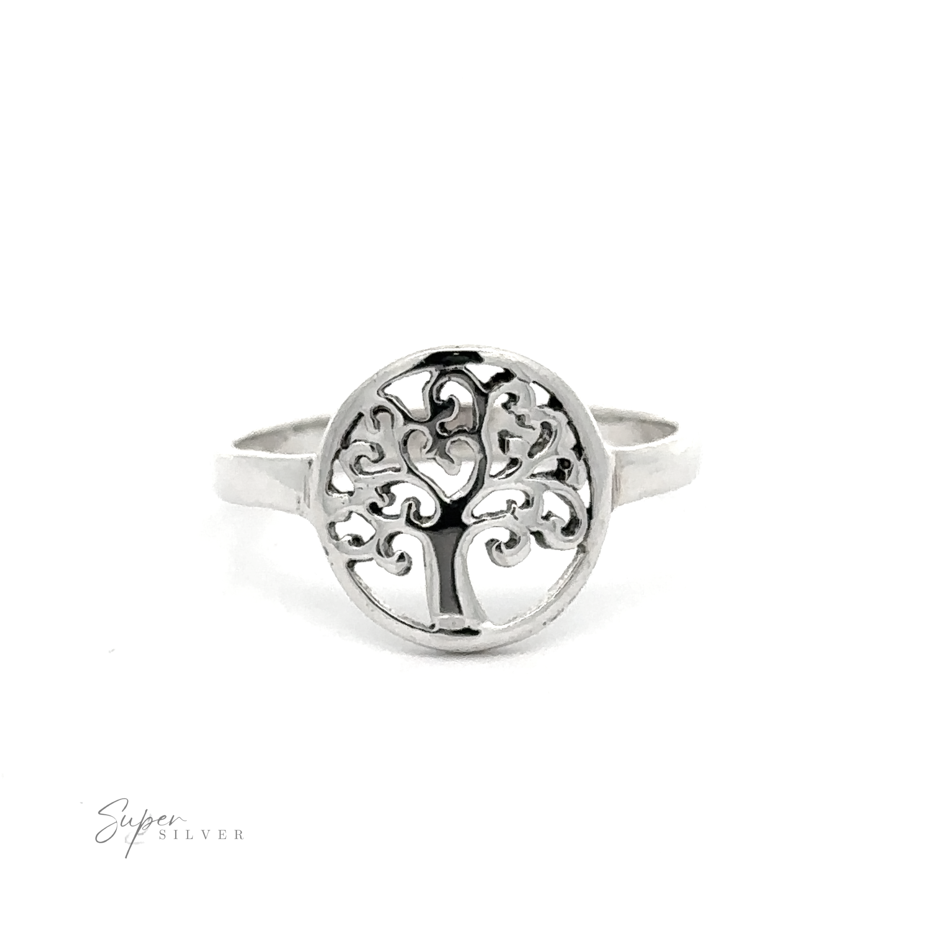 Sterling silver Tree of Life ring with swirling branch design on a white background.