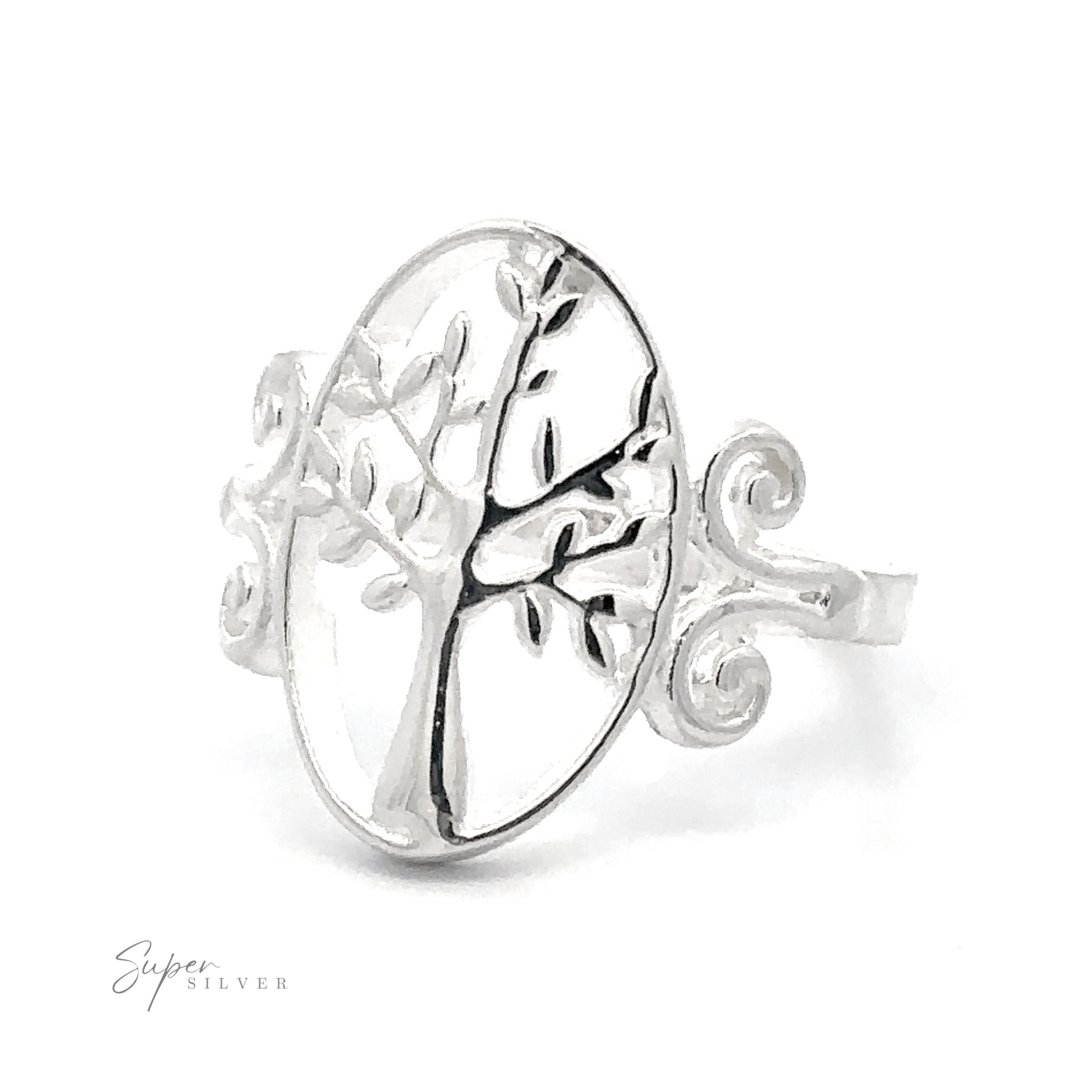 Elegant Silver Tree Ring with Oval Setting with a tree of life design symbolizing growth.