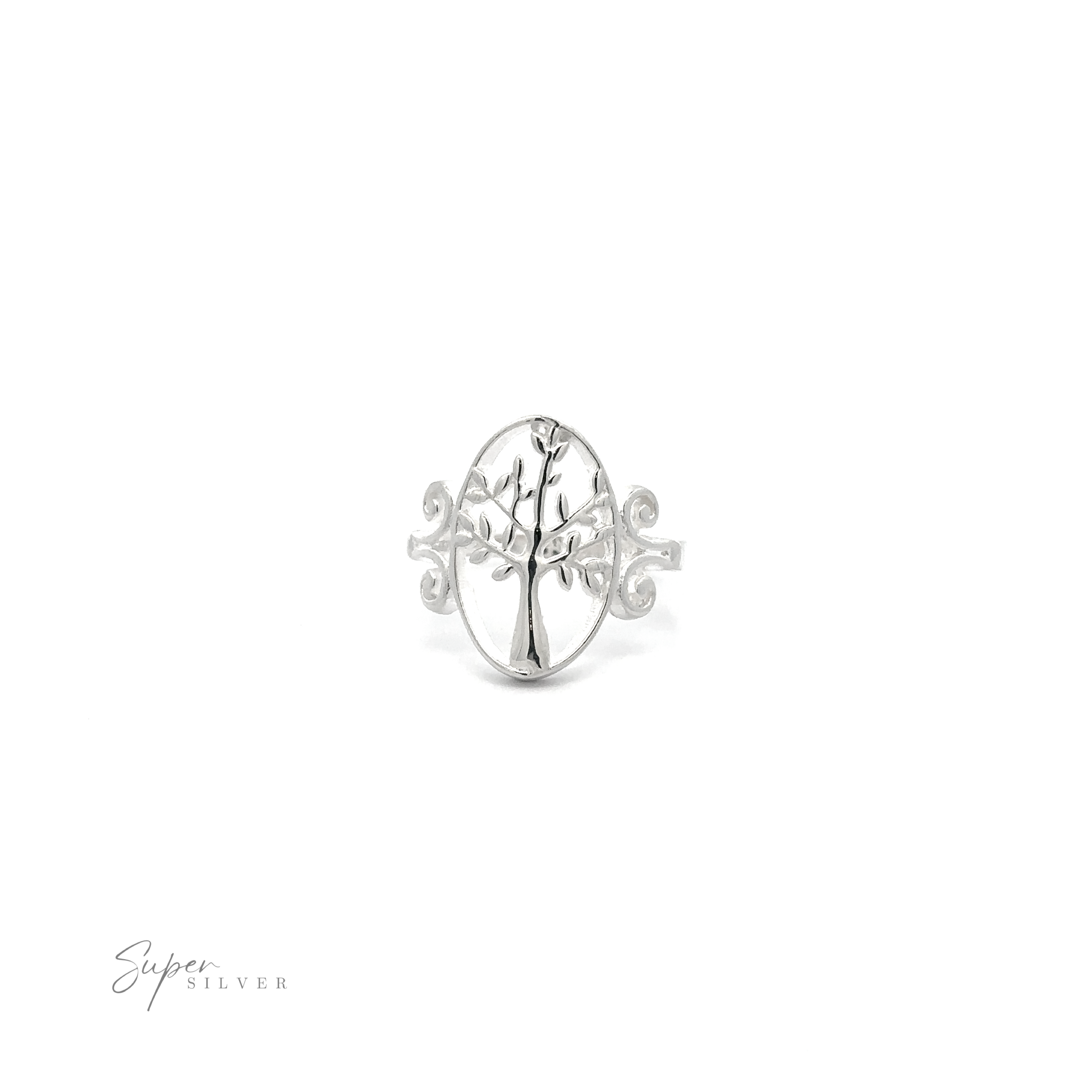 Elegant Silver Tree Ring with Oval Setting with tree design on a white background.
