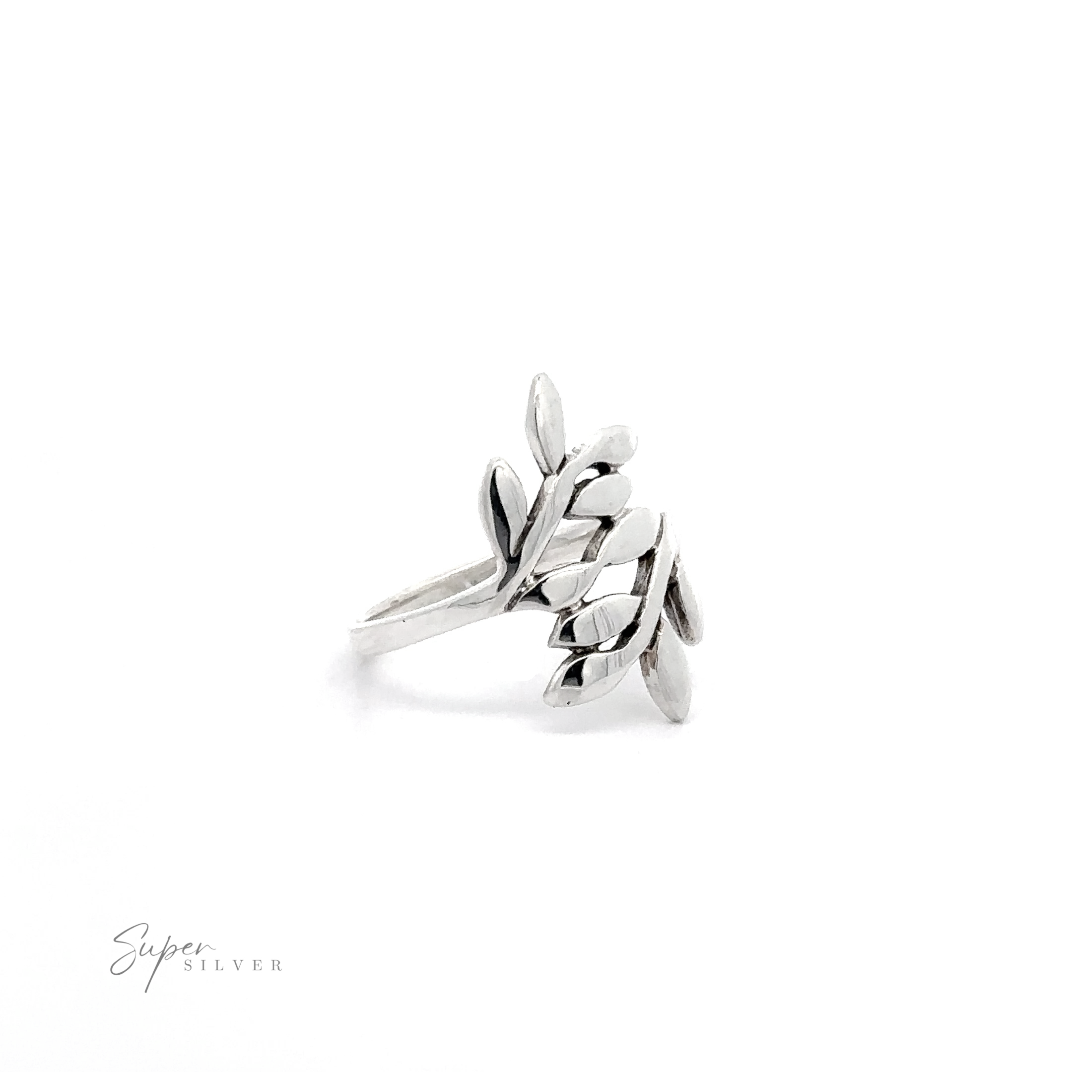 '- Olive Branch Ring .925 Sterling Silver with an olive branch design against a white background.