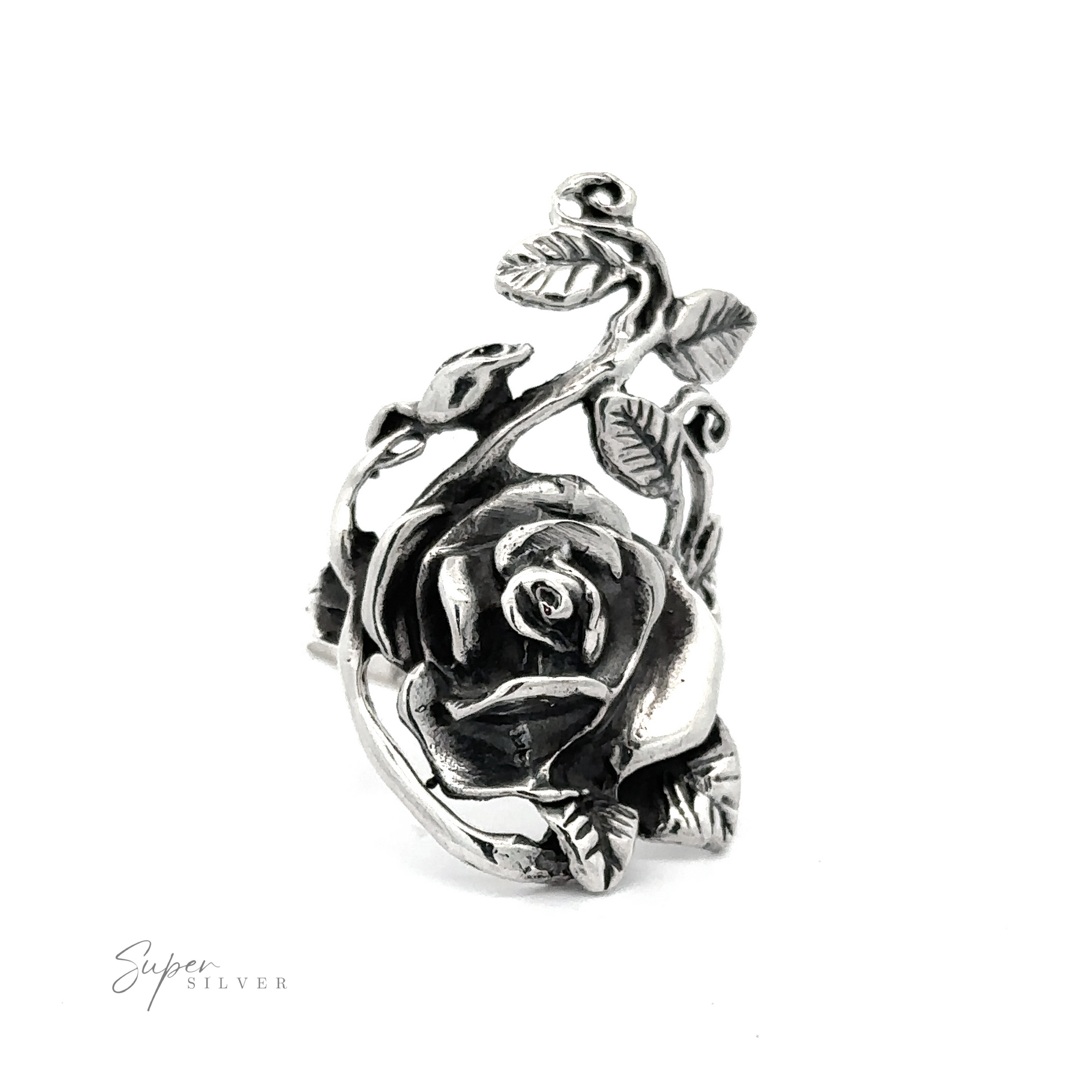 Striking Rose and Vine Ring on a white background.