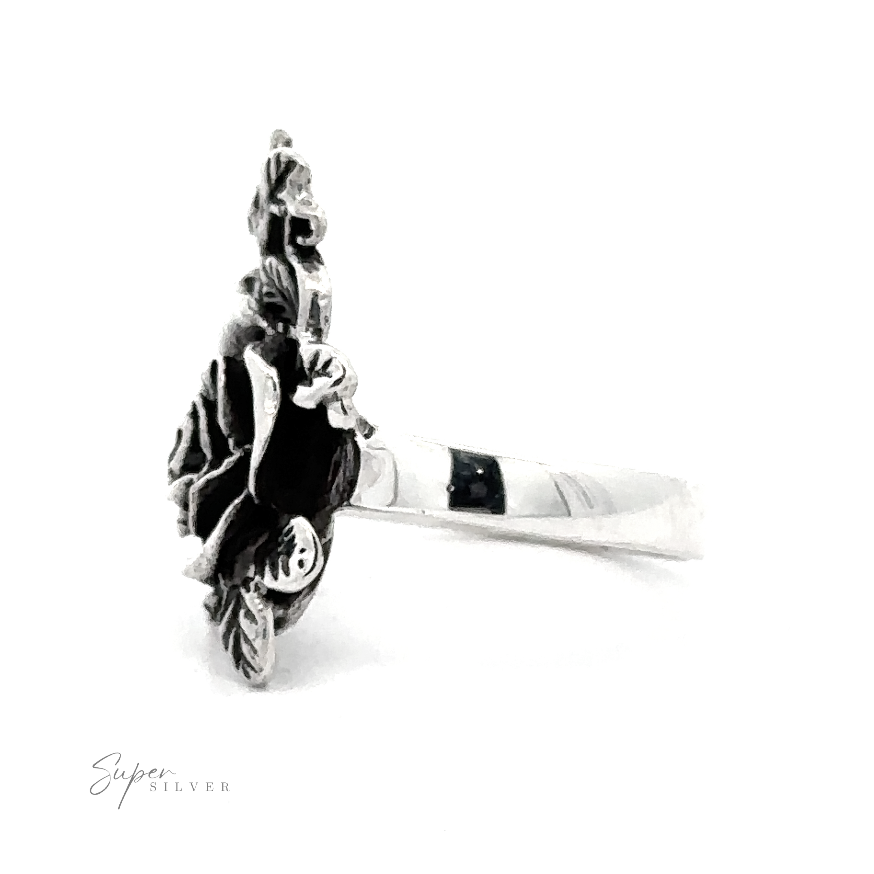 Monochrome image of a Climbing Rose Ring made of .925 Sterling Silver, presented against a white background.