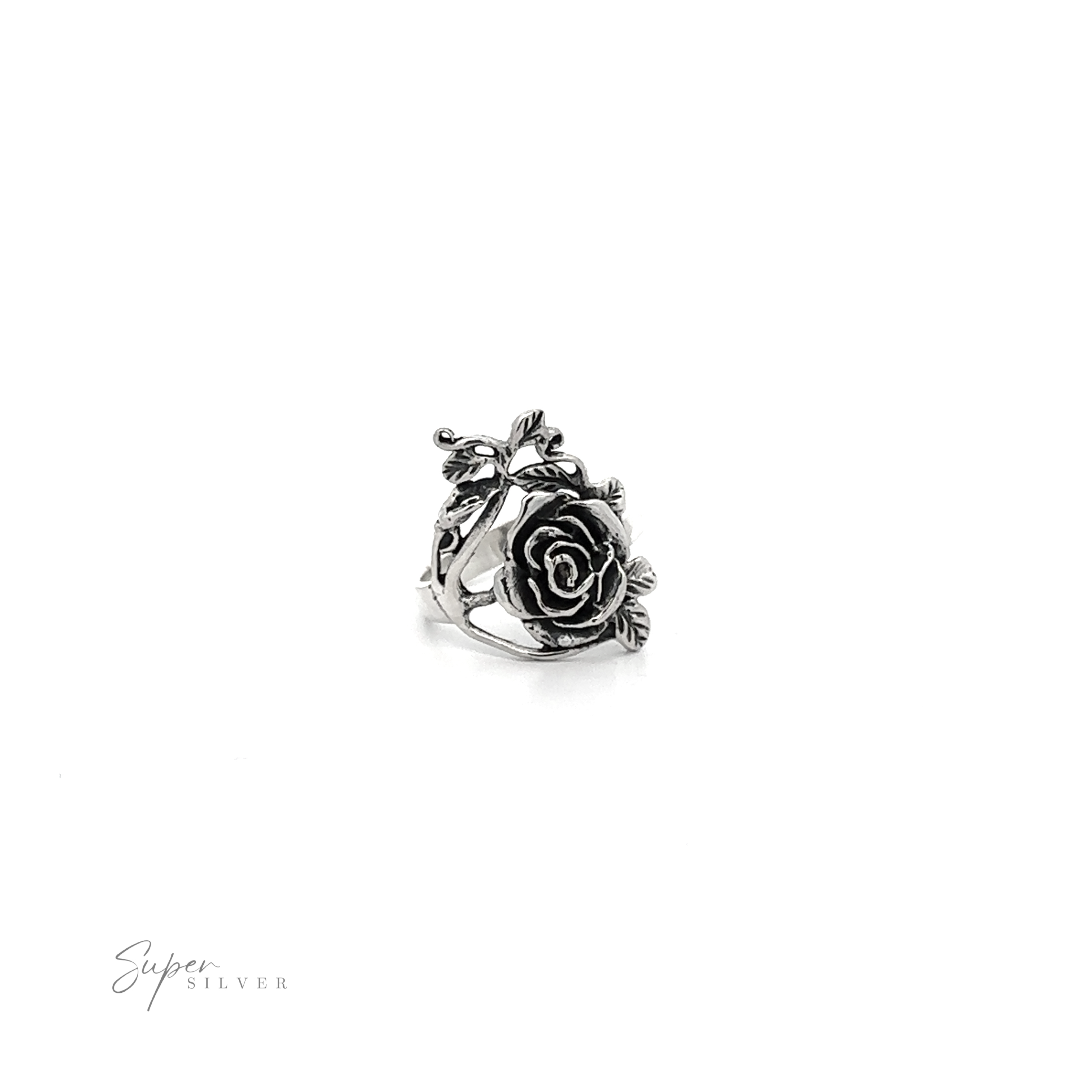 A Climbing Rose Ring displayed on a white background with a signature that reads 'super silver'.