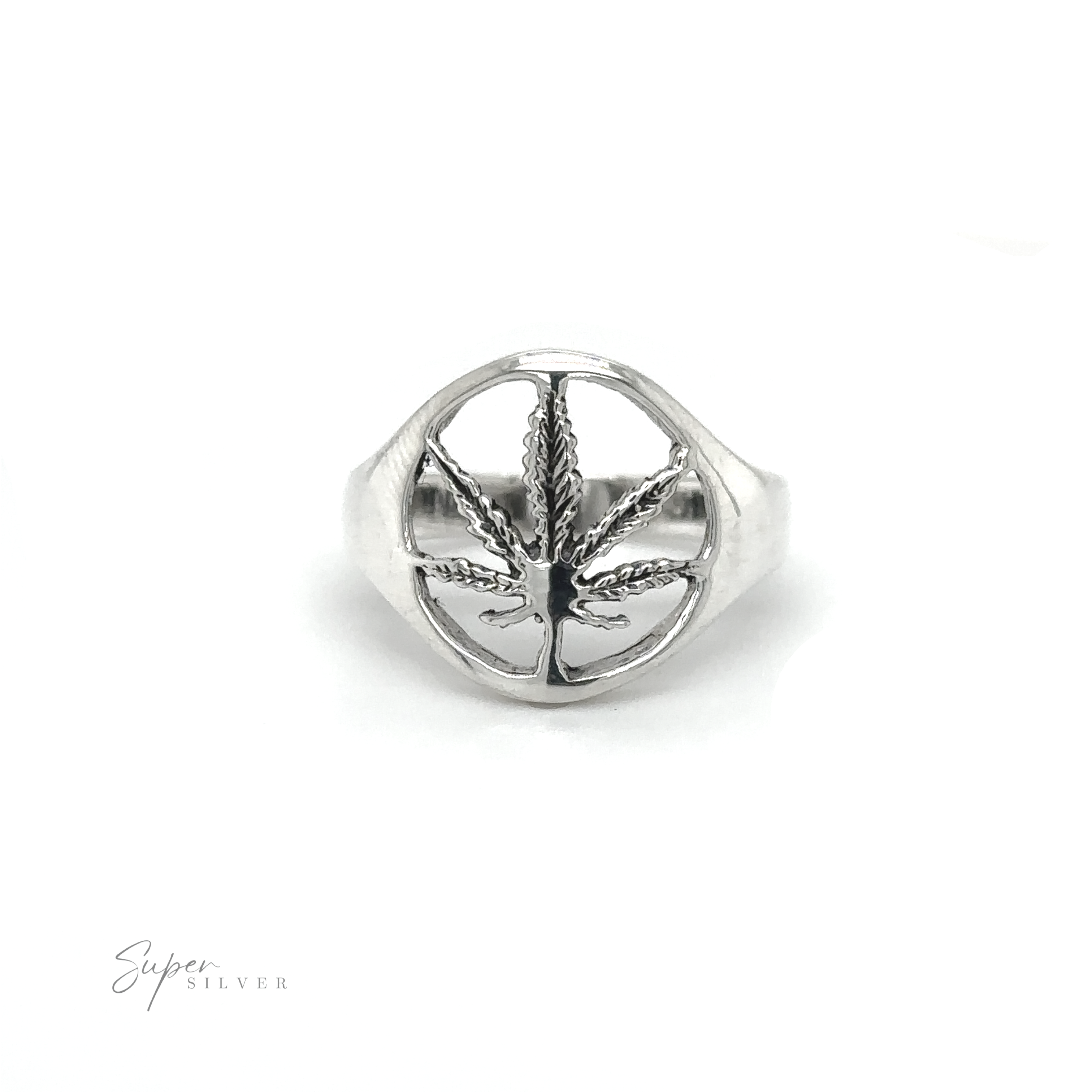 A silver Outlined Mary Jane Leaf Ring exuding stoner vibes from the flower power era.