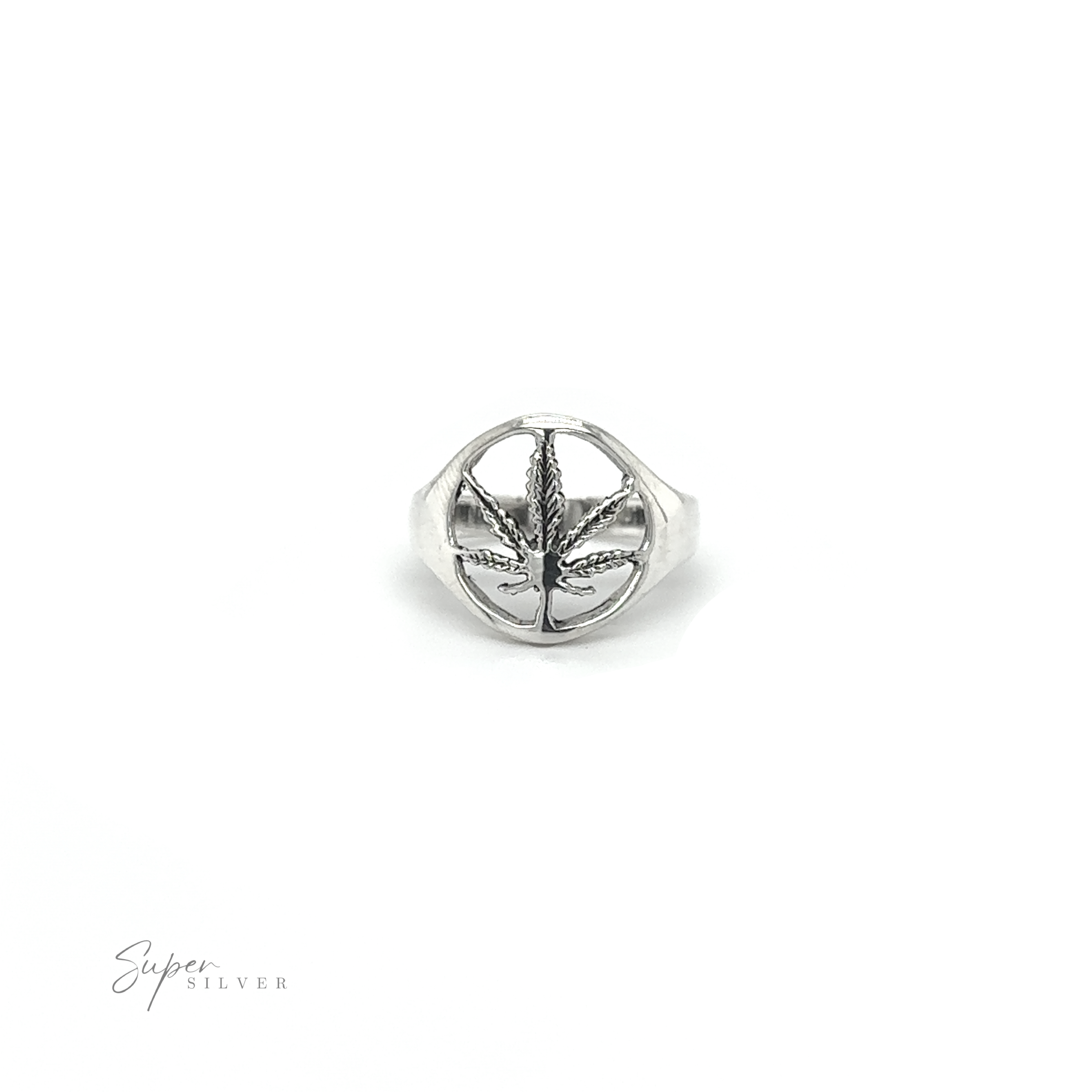Embrace the flower power era with this stunning Outlined Mary Jane Leaf Ring adorned in silver. Its intricate design features a delicate leaf, giving off stoner vibes for those seeking a touch of nature-inspired style.