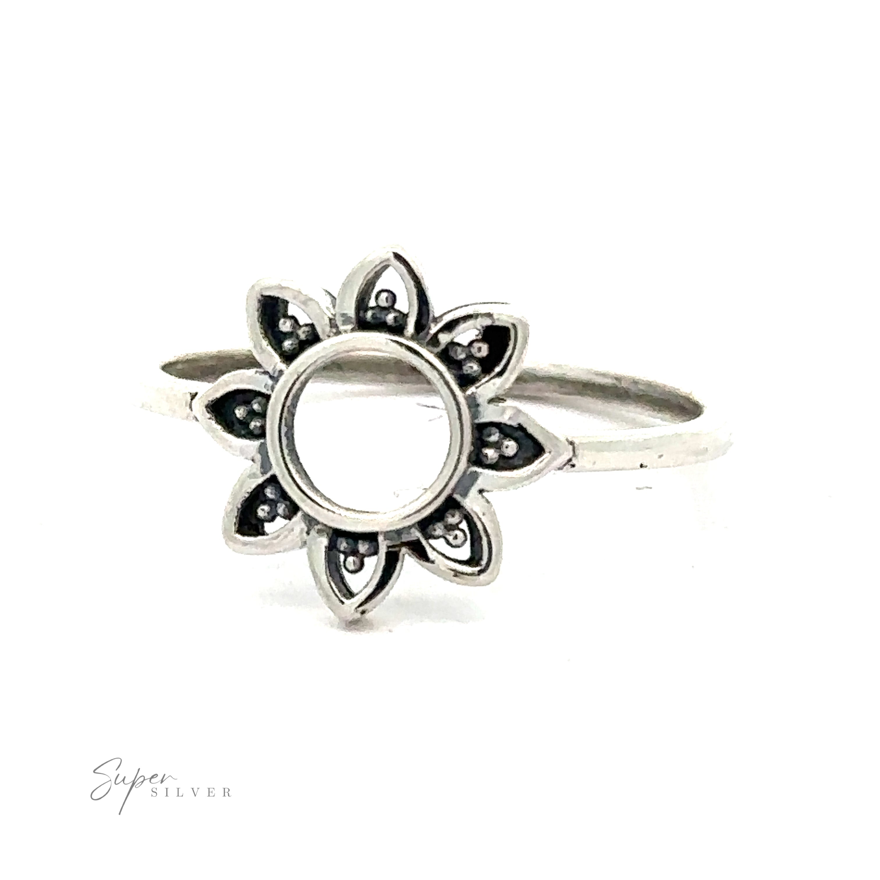 Open Flower Ring with a central stone on a white background.