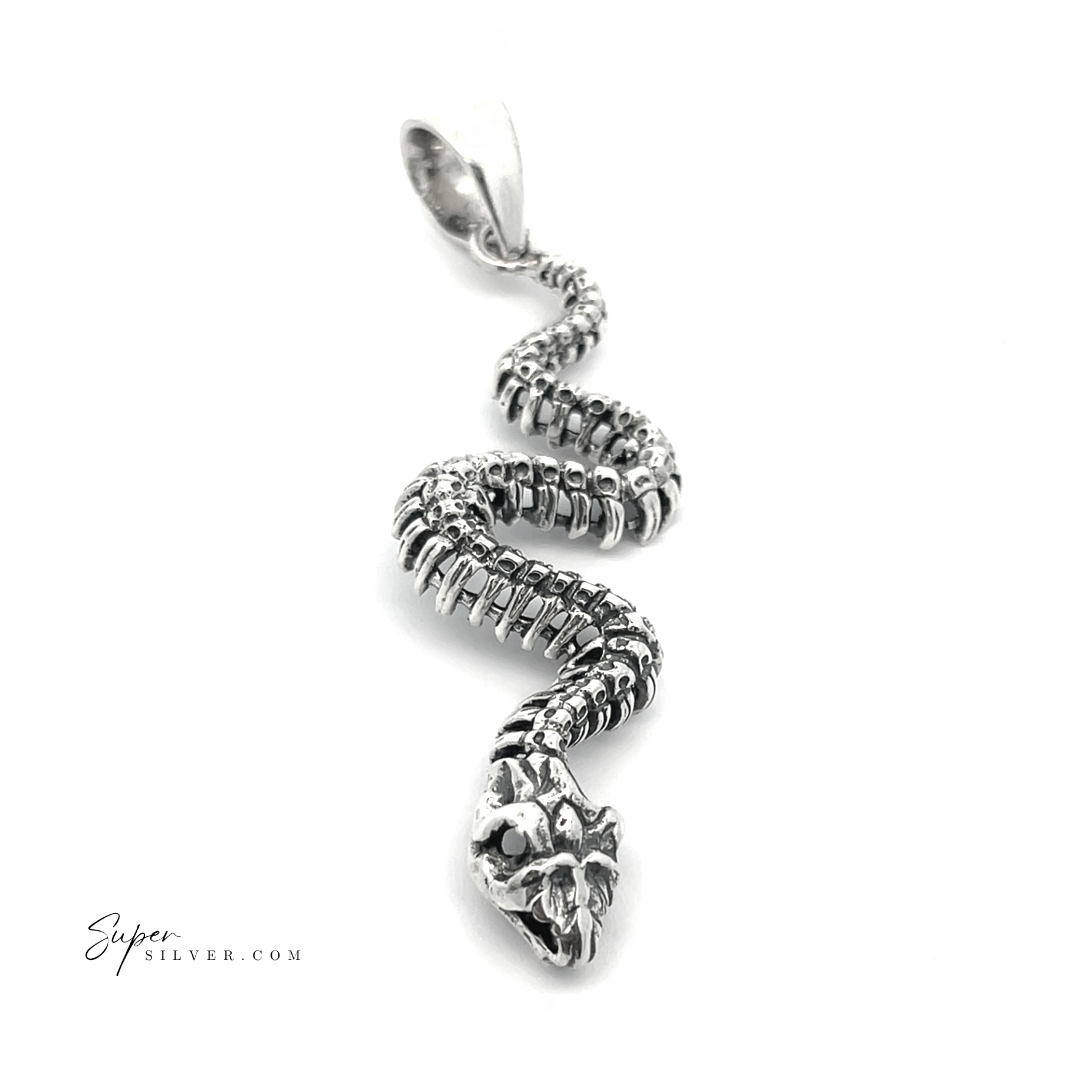 Presenting the Haunting Snake Skeleton Pendant from our artisan collection, featuring a silver design with intricately detailed scales and an open mouth. This striking piece captures the essence of transformation jewelry, set against a pristine white background to elegantly blend sophistication with symbolism.