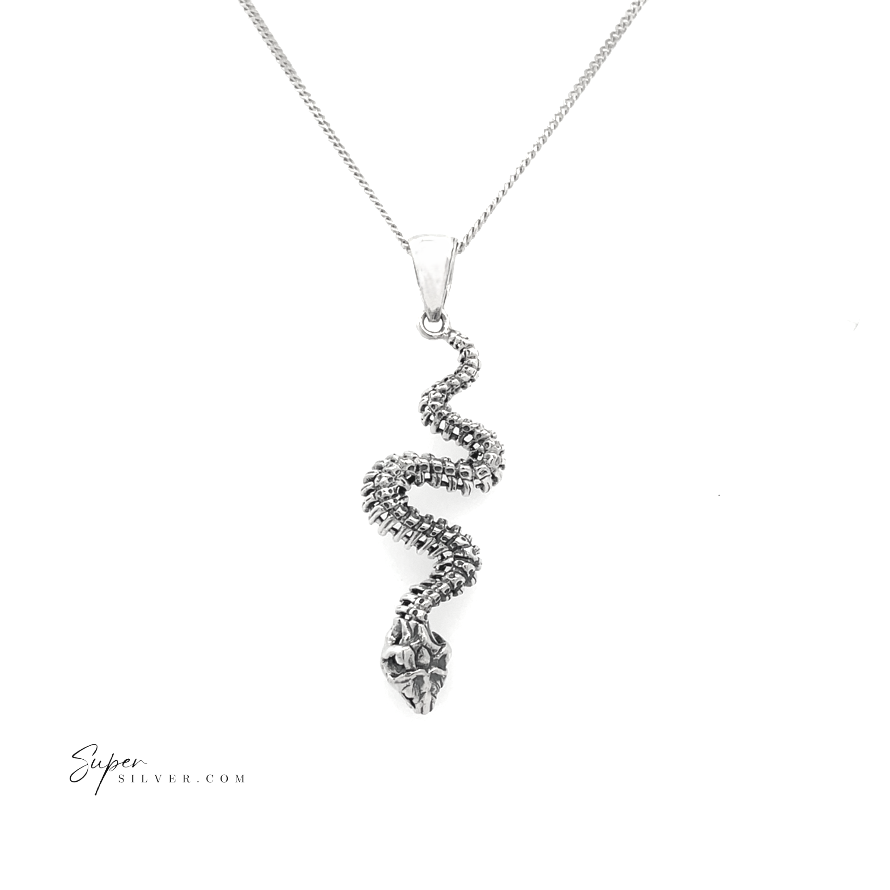 Experience the charm of our Haunting Snake Skeleton Pendant, gracefully suspended on a chain necklace against a pristine white background. As part of our artisan collections, this piece represents transformation jewelry at its finest.