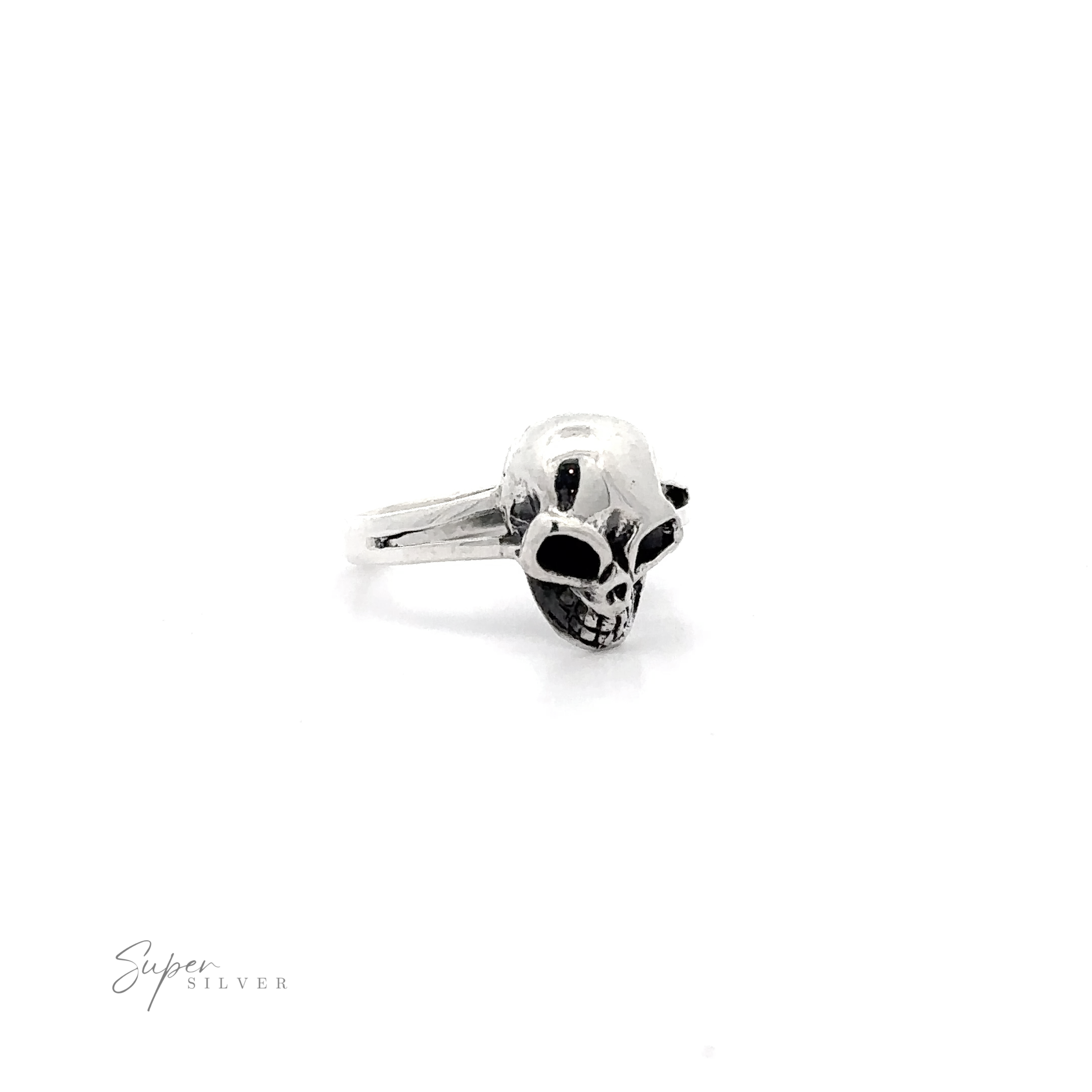 A "Silver Skull Ring" with detailed eye sockets and nasal cavity, centered on a white background. The brand "super silver" is subtly inscribed below.