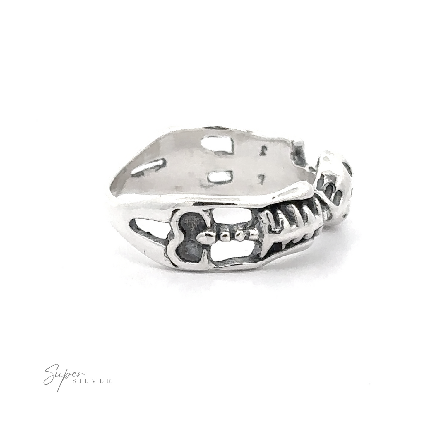 
                  
                    Skeleton ring with intricate cut-out details and floral patterns on a white background, crafted from .925 Sterling Silver.
                  
                