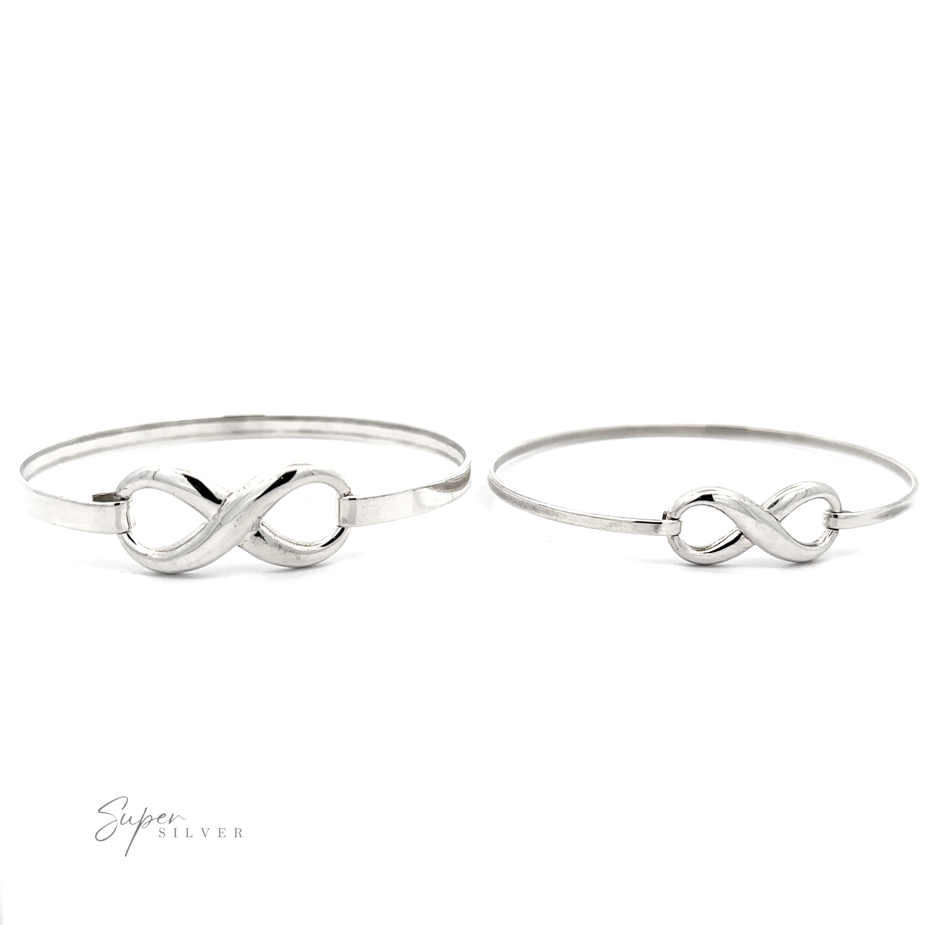 Two Infinity Bracelets with latch clasp on a white background. The left bracelet features a larger infinity symbol compared to the right one. Crafted from .925 Sterling Silver, these pieces exhibit timeless elegance. "Super Silver" logo in the bottom left corner.