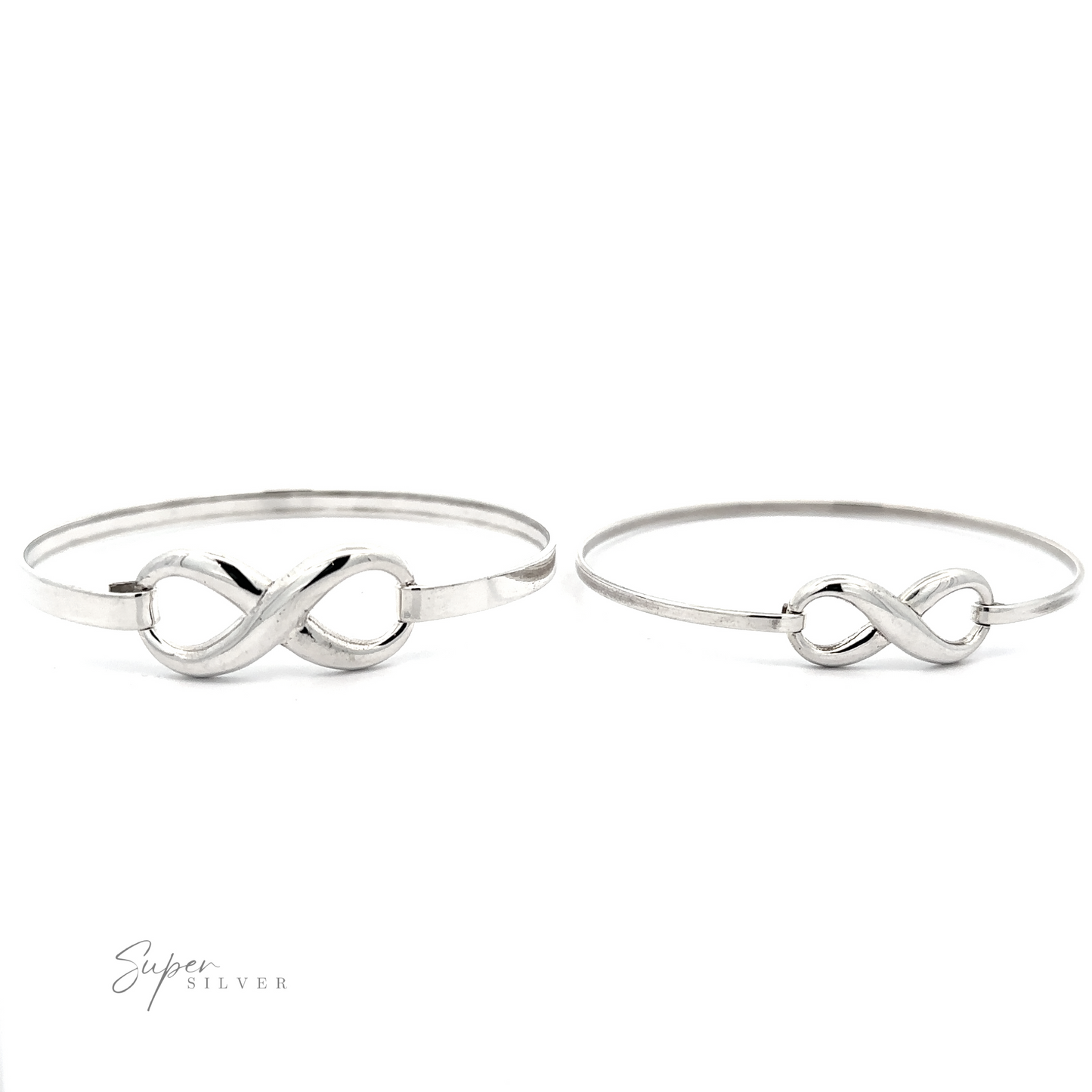 
                  
                    Two Infinity Bracelets with latch clasp on a white background. The left bracelet features a larger infinity symbol compared to the right one. Crafted from .925 Sterling Silver, these pieces exhibit timeless elegance. "Super Silver" logo in the bottom left corner.
                  
                