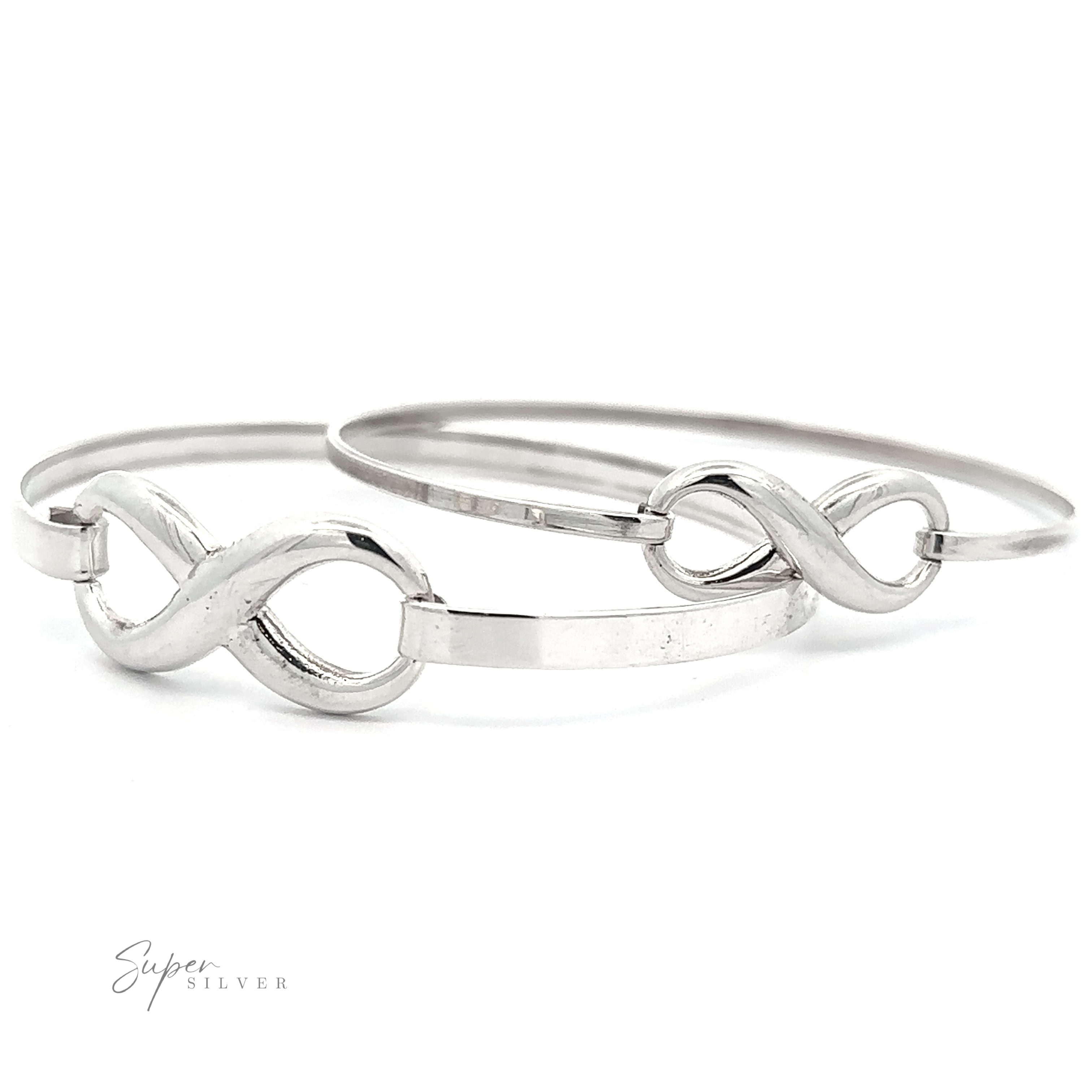 Two Infinity Bracelets with elegant latch clasps are positioned side by side on a white background. The logo "Super Silver" is visible in the bottom left corner.