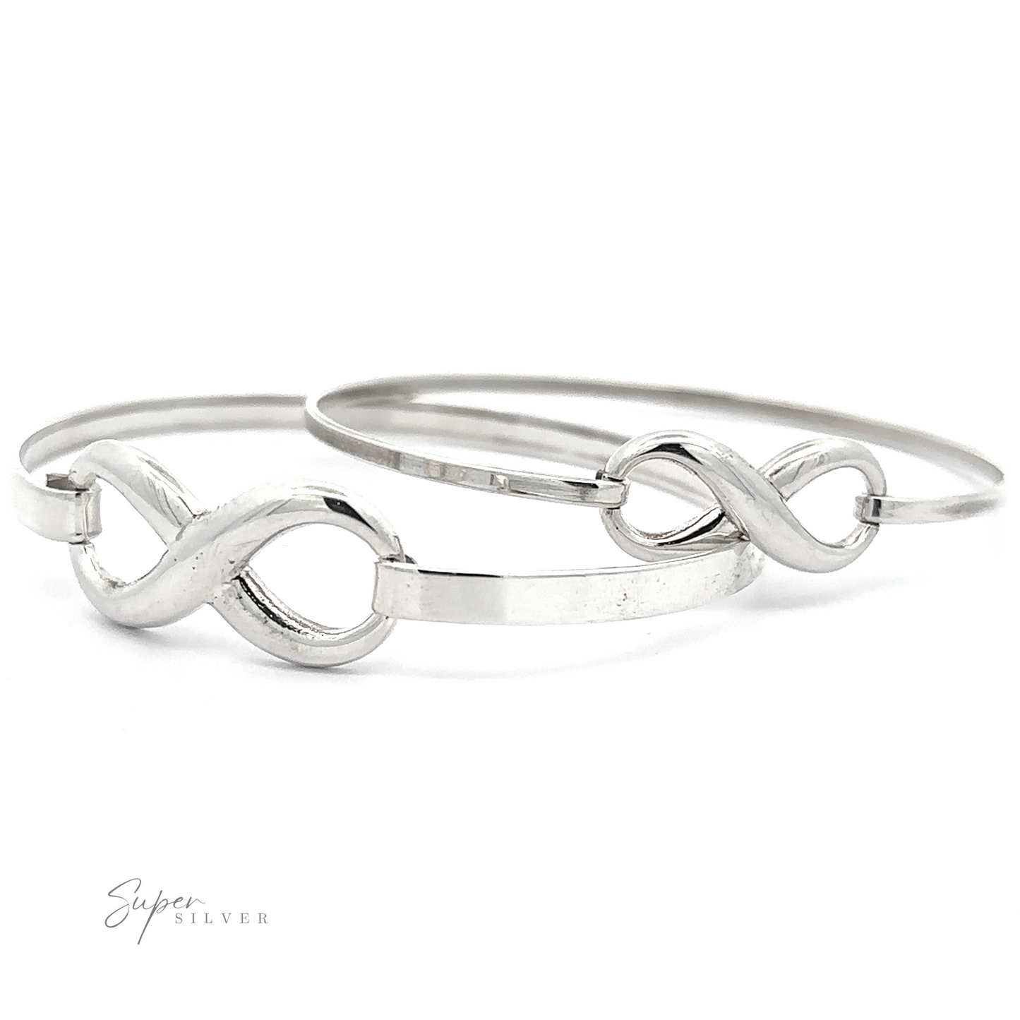 
                  
                    Two Infinity Bracelets with elegant latch clasps are positioned side by side on a white background. The logo "Super Silver" is visible in the bottom left corner.
                  
                