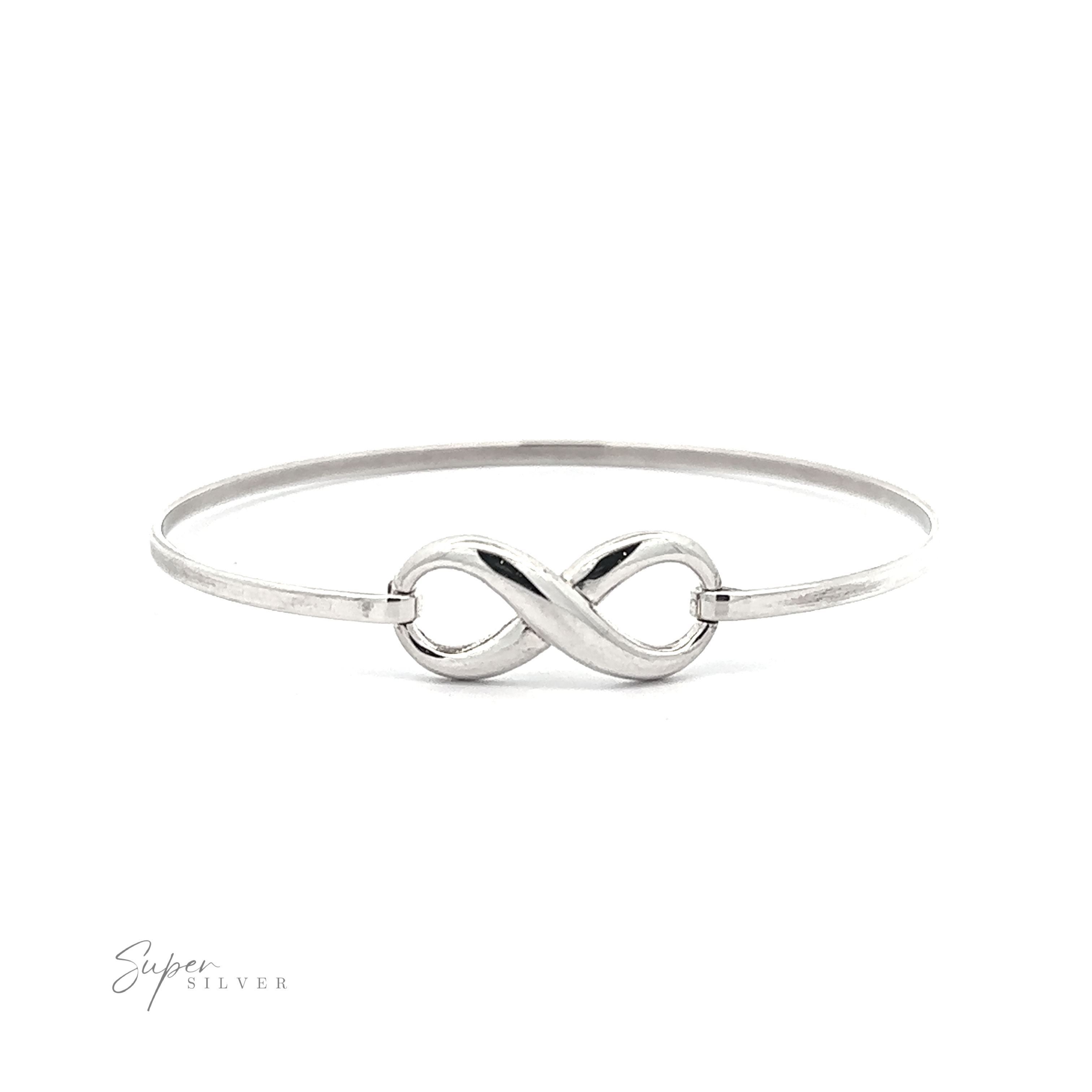 A sterling silver Infinity Bracelet featuring an infinity knot in the center against a white background. The brand name "Super Silver" is elegantly written in the bottom left corner.