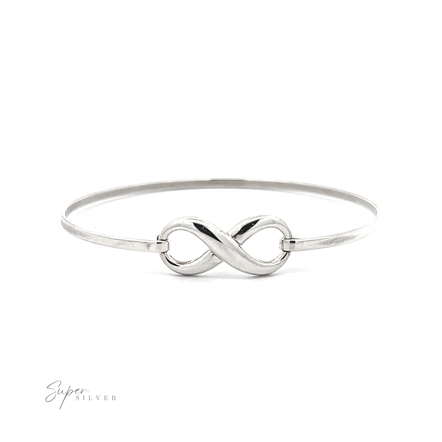 
                  
                    A sterling silver Infinity Bracelet featuring an infinity knot in the center against a white background. The brand name "Super Silver" is elegantly written in the bottom left corner.
                  
                