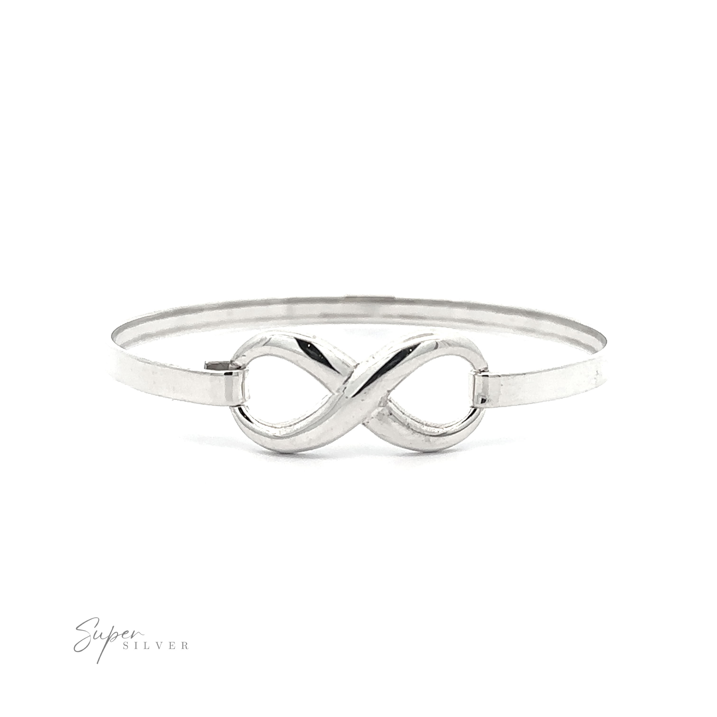 A sterling silver Infinity Bracelet featuring an infinity symbol at its center, secured with a latch clasp and adorned with the "Super Silver" logo at the bottom left.