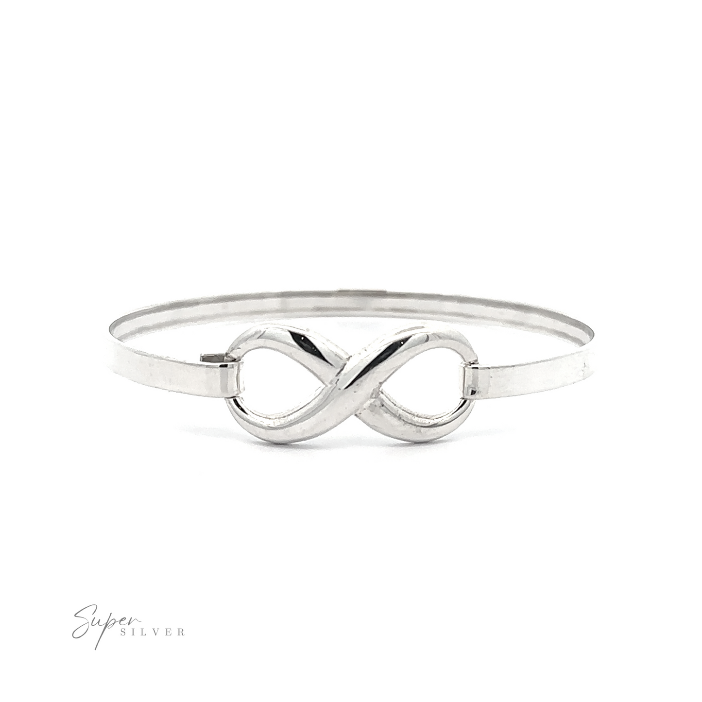 
                  
                    A sterling silver Infinity Bracelet featuring an infinity symbol at its center, secured with a latch clasp and adorned with the "Super Silver" logo at the bottom left.
                  
                