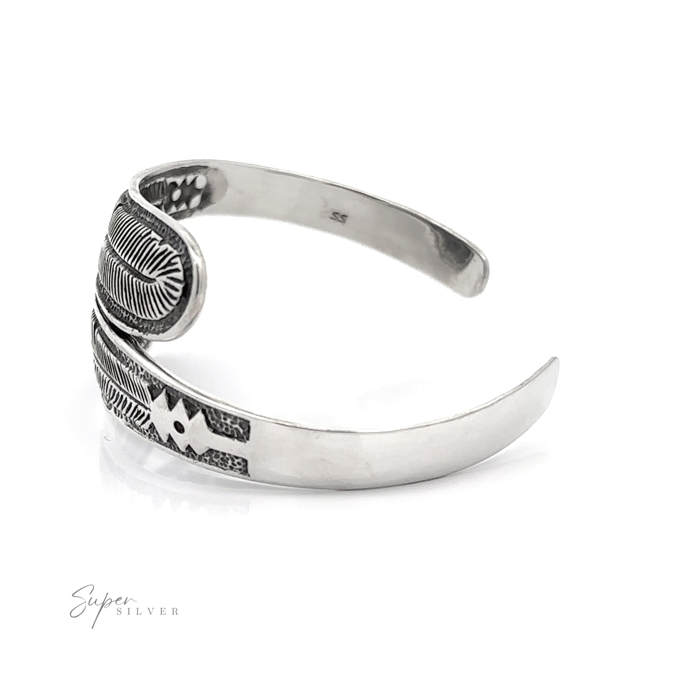 A Double Feather Cuff bracelet with a silver Indian design and an oxidized finish.