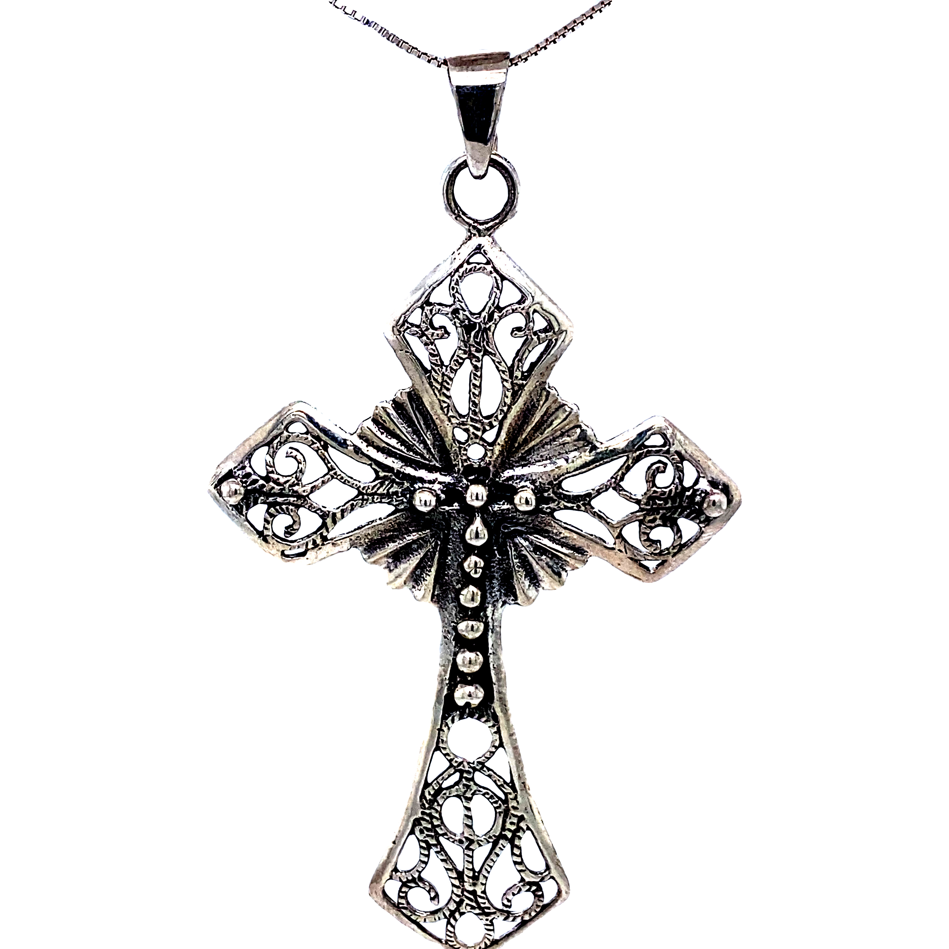 A unique piece of silverwork, a Super Silver Ornate Cross Pendant, on a white background.