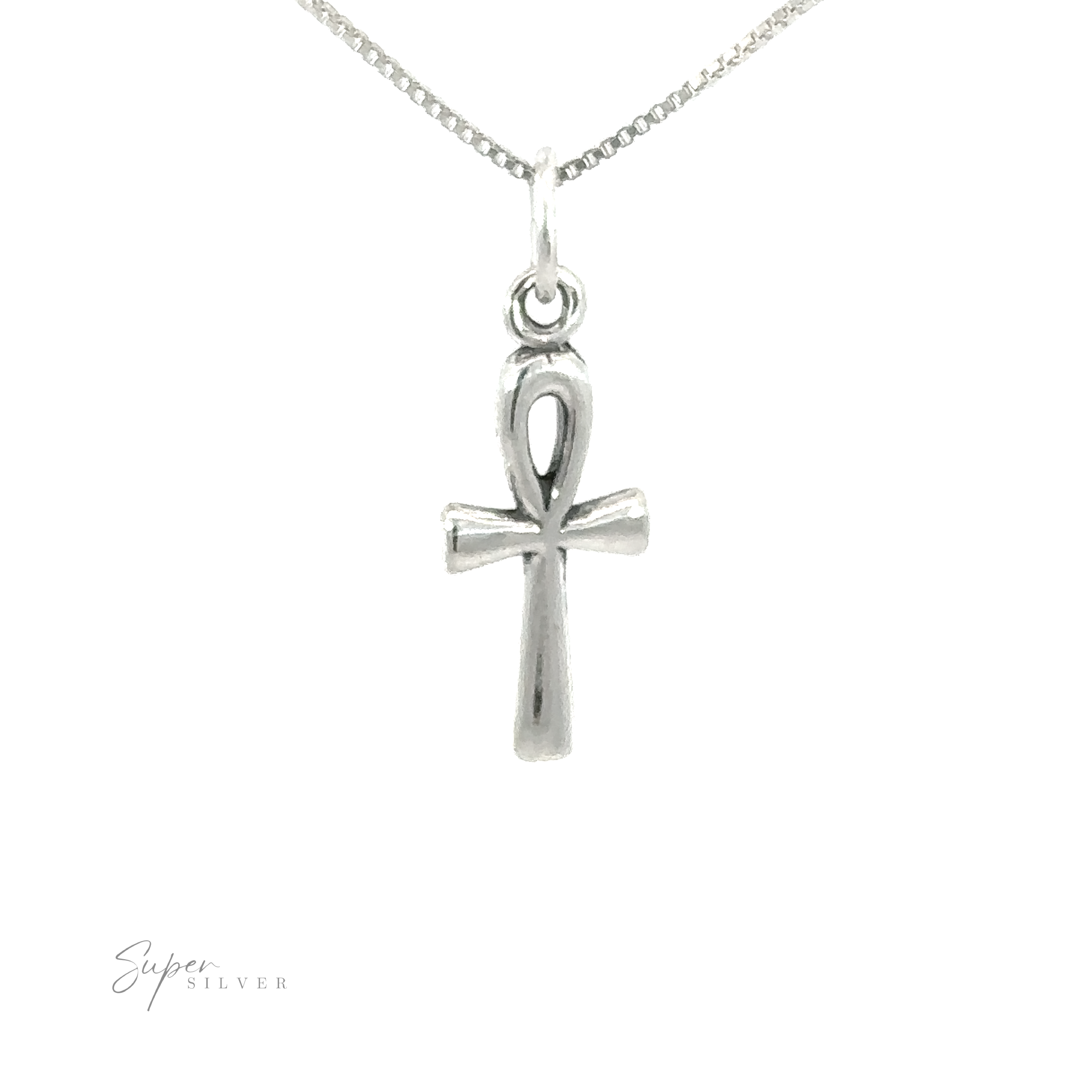 An Egyptian cross pendant, also known as Ankh Charms, on a silver chain symbolizing eternal life.