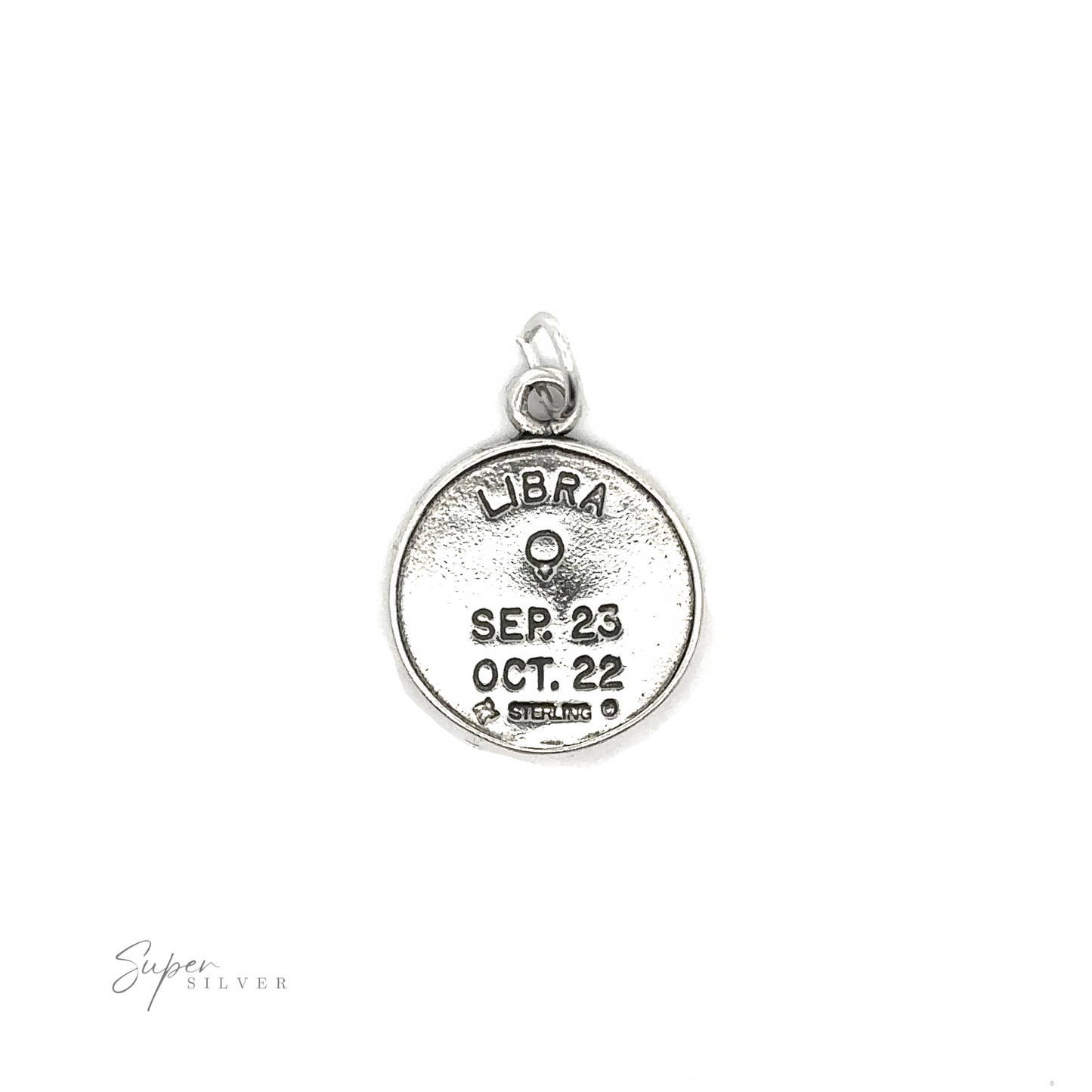 
                  
                    A sterling silver Zodiac Sign Medallion Charms with the dates Sep 23 - Oct 22 engraved on it.
                  
                