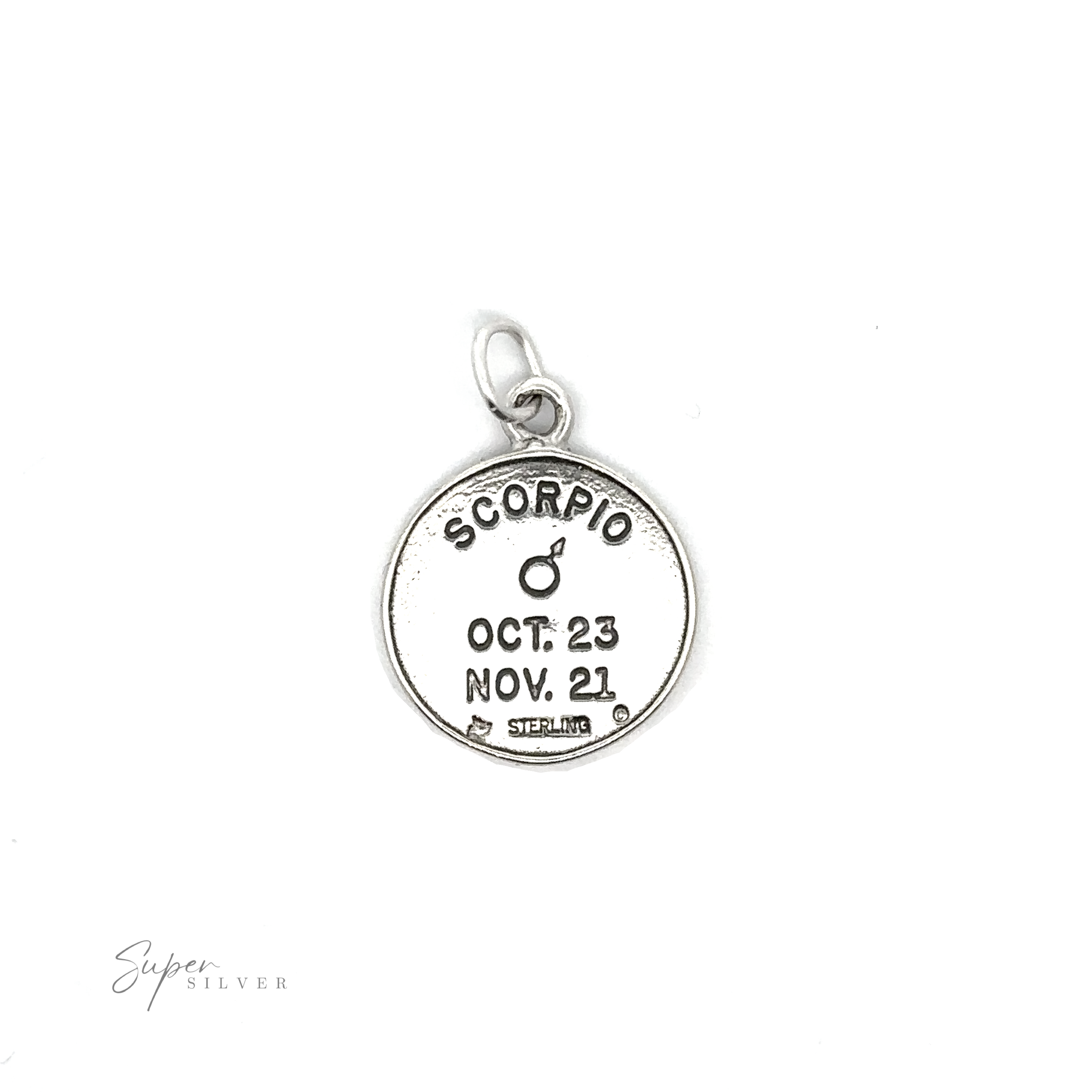 Sterling silver Zodiac Sign Medallion Charms with astrological symbol and date range.