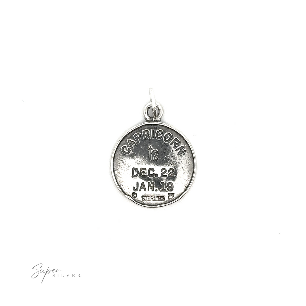 
                  
                    Sterling silver Zodiac Sign Medallion Charms with Capricorn zodiac sign and dates December 22 - January 19 inscribed.
                  
                