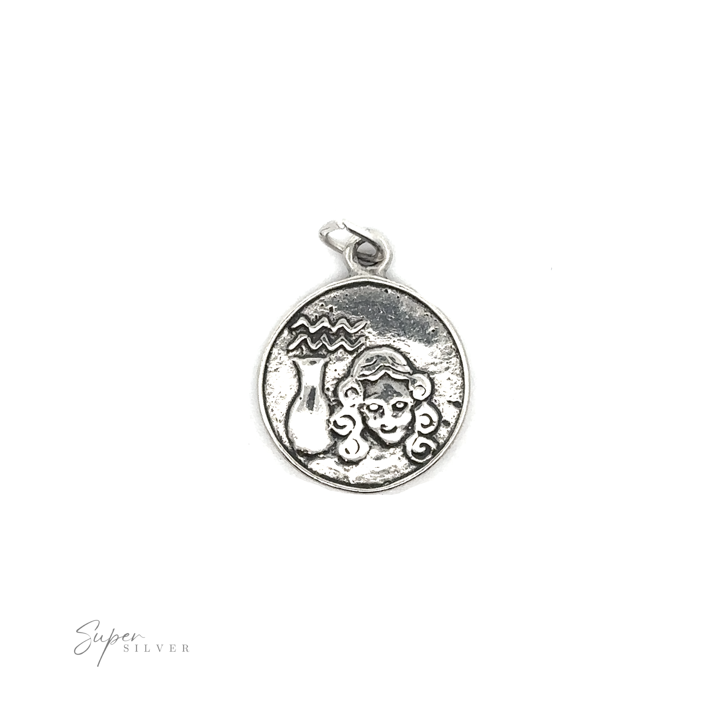 Sterling silver pendant with an embossed design of Zodiac Sign Medallion Charms on a white background.