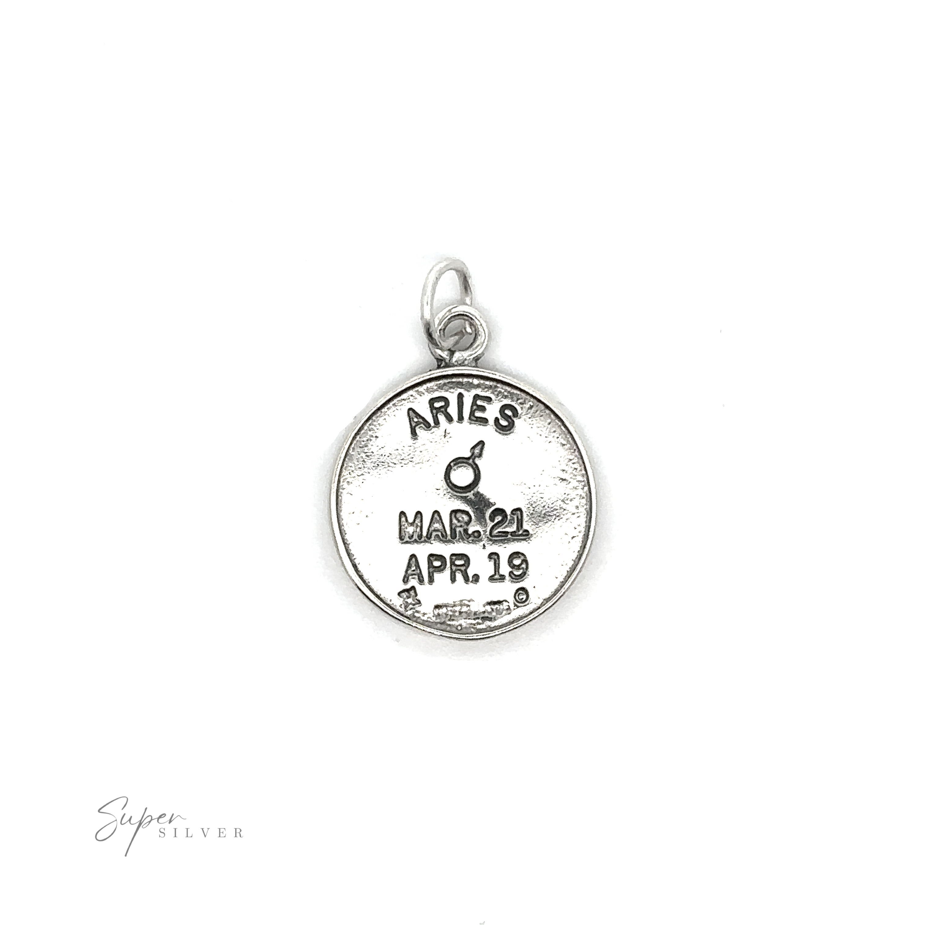 Zodiac Sign Medallion Charms Aries zodiac pendant with astrological symbol and March 21 - April 19 date range.