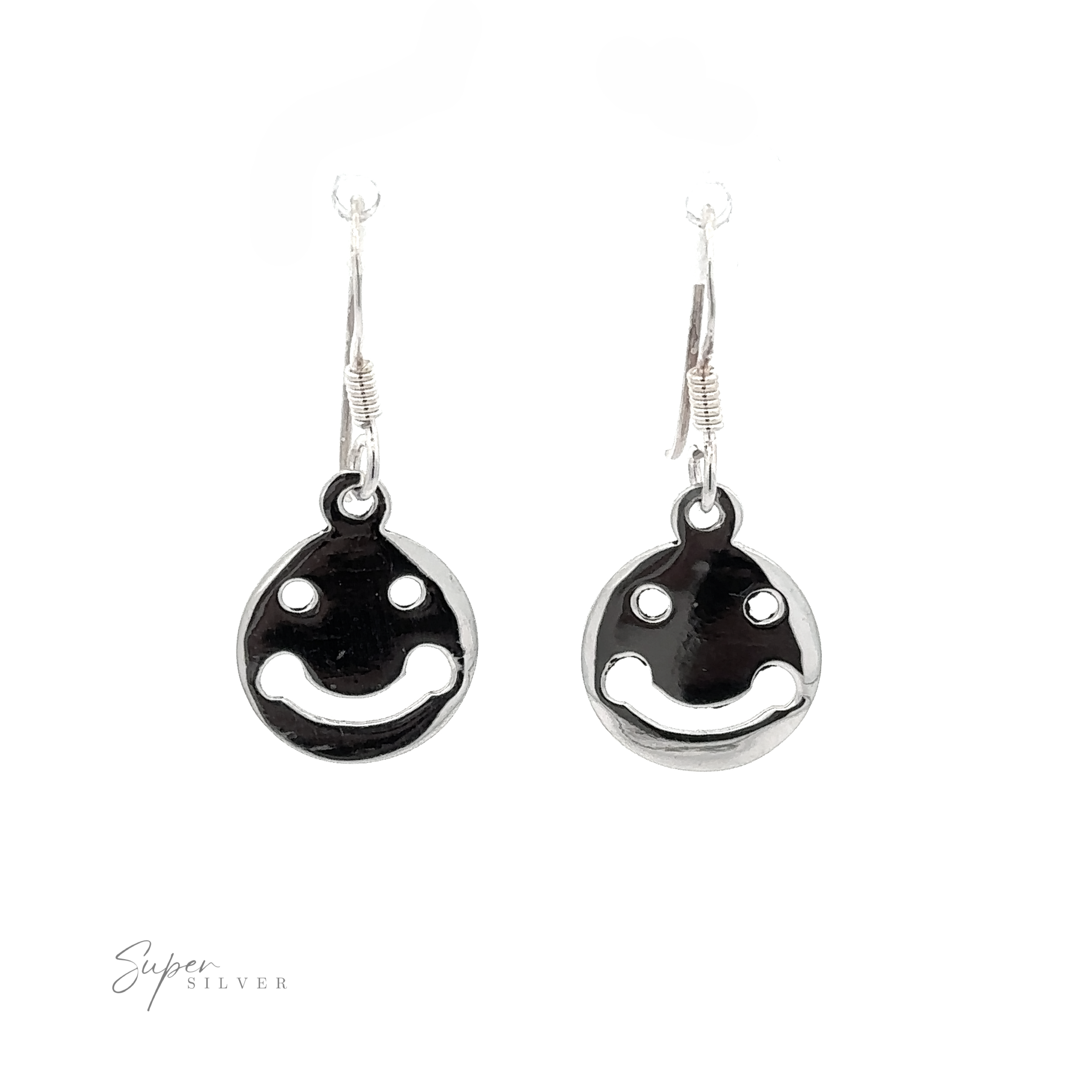 Sentence with Product Name: Trendy silver Smiley Face Earrings displayed against a white background.