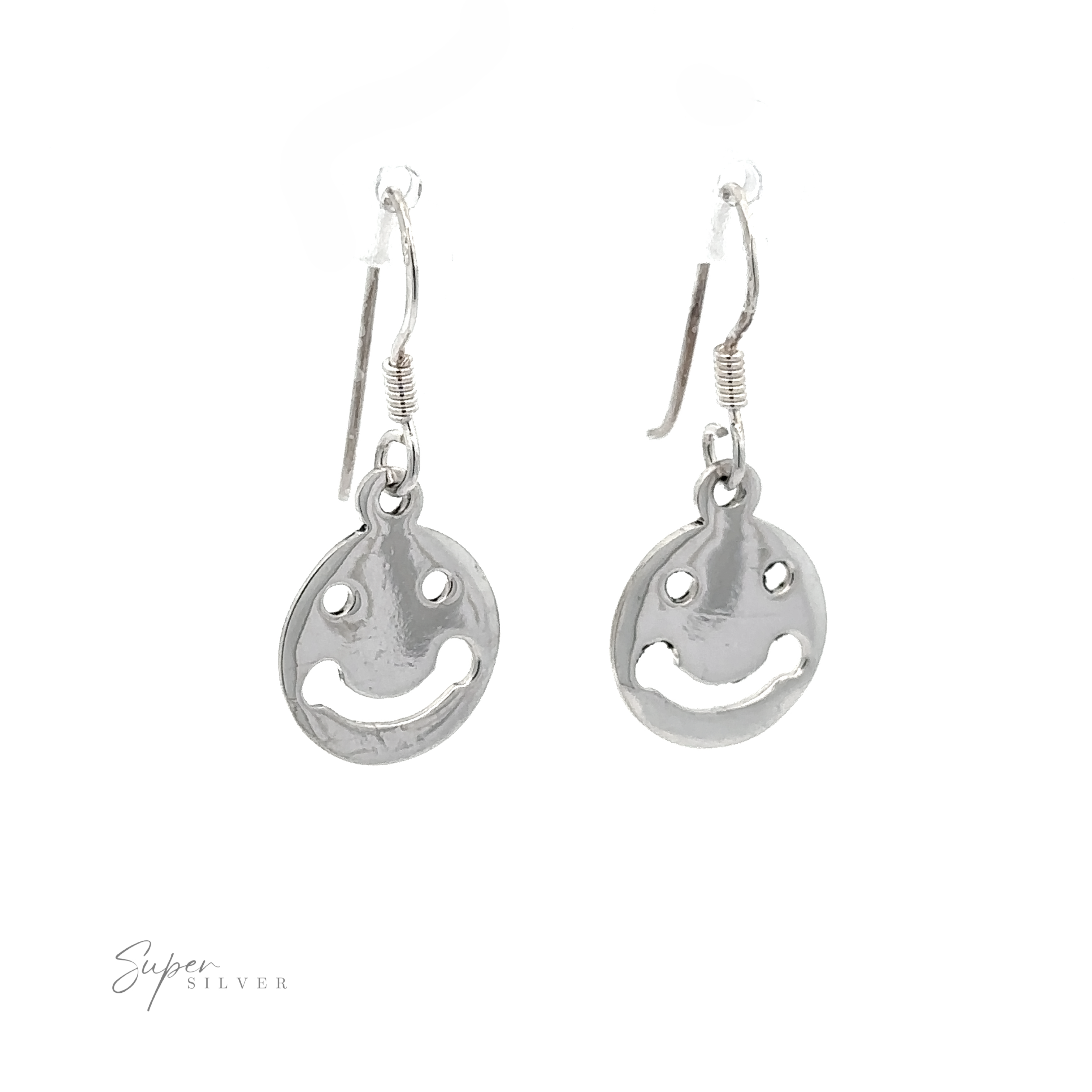 Pair of sterling silver Smiley Face Earrings with hook backings, displayed against a white background.