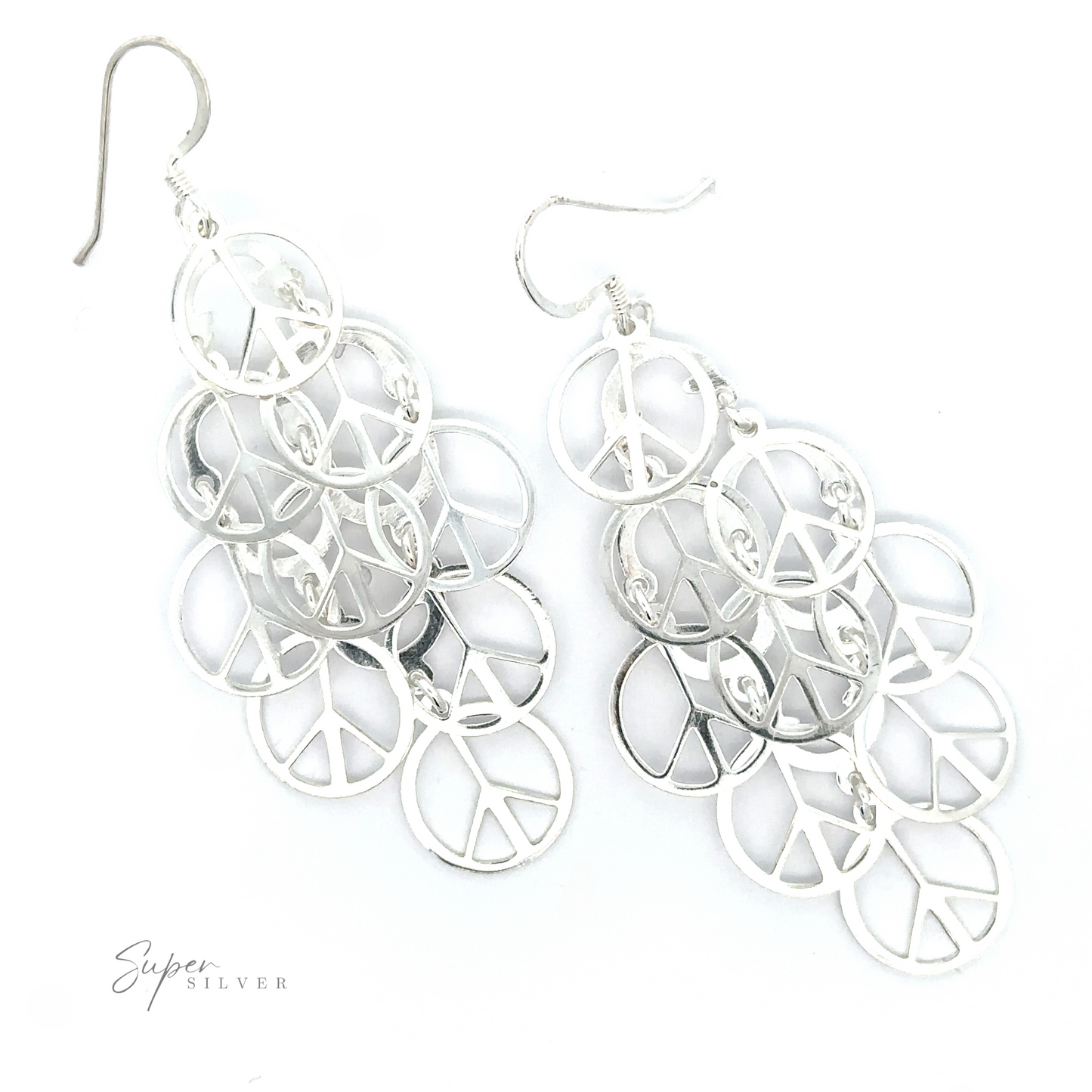 
                  
                    A pair of Layered Peace Sign Earrings, featuring multiple dangling peace sign charms on each earring, symbolizing tranquility and unity.
                  
                