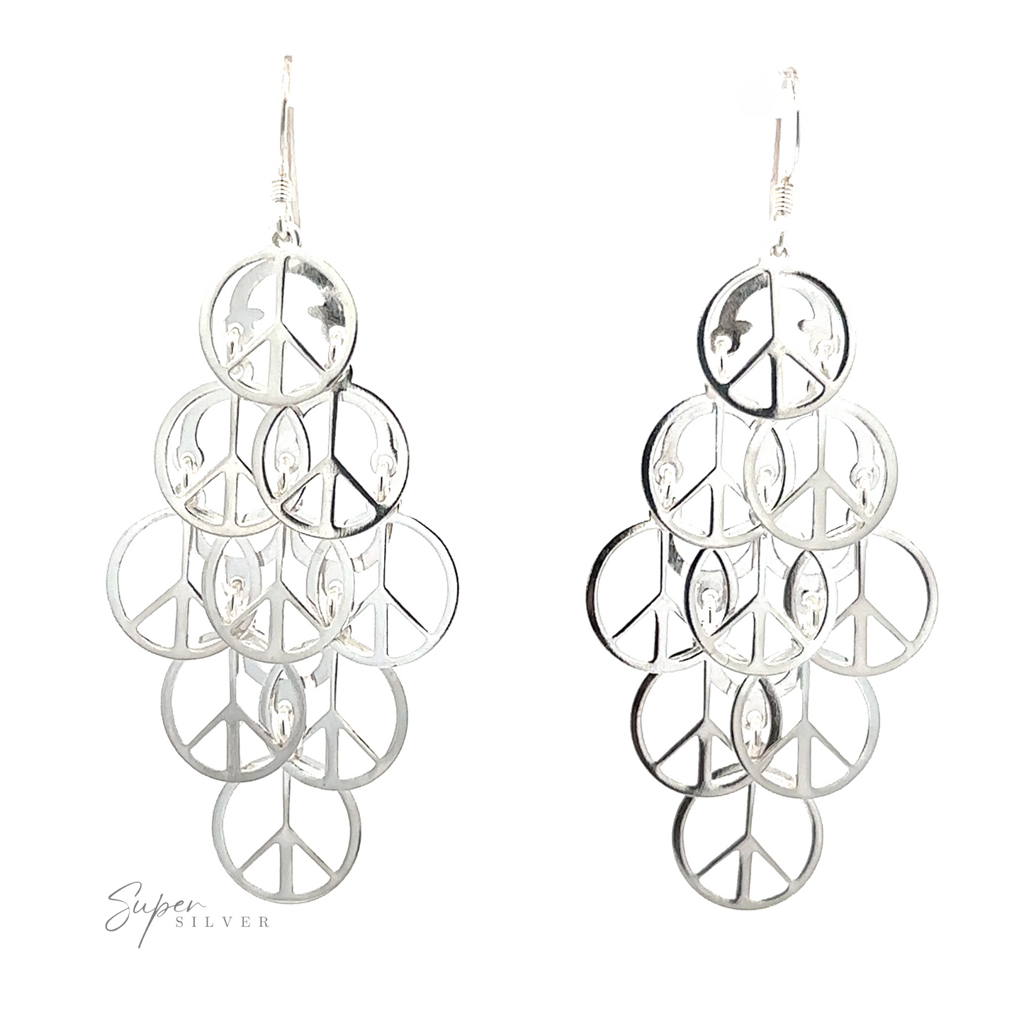 A pair of Layered Peace Sign Earrings with multiple interlocking circular designs, displayed against a white background with the text "super silver.