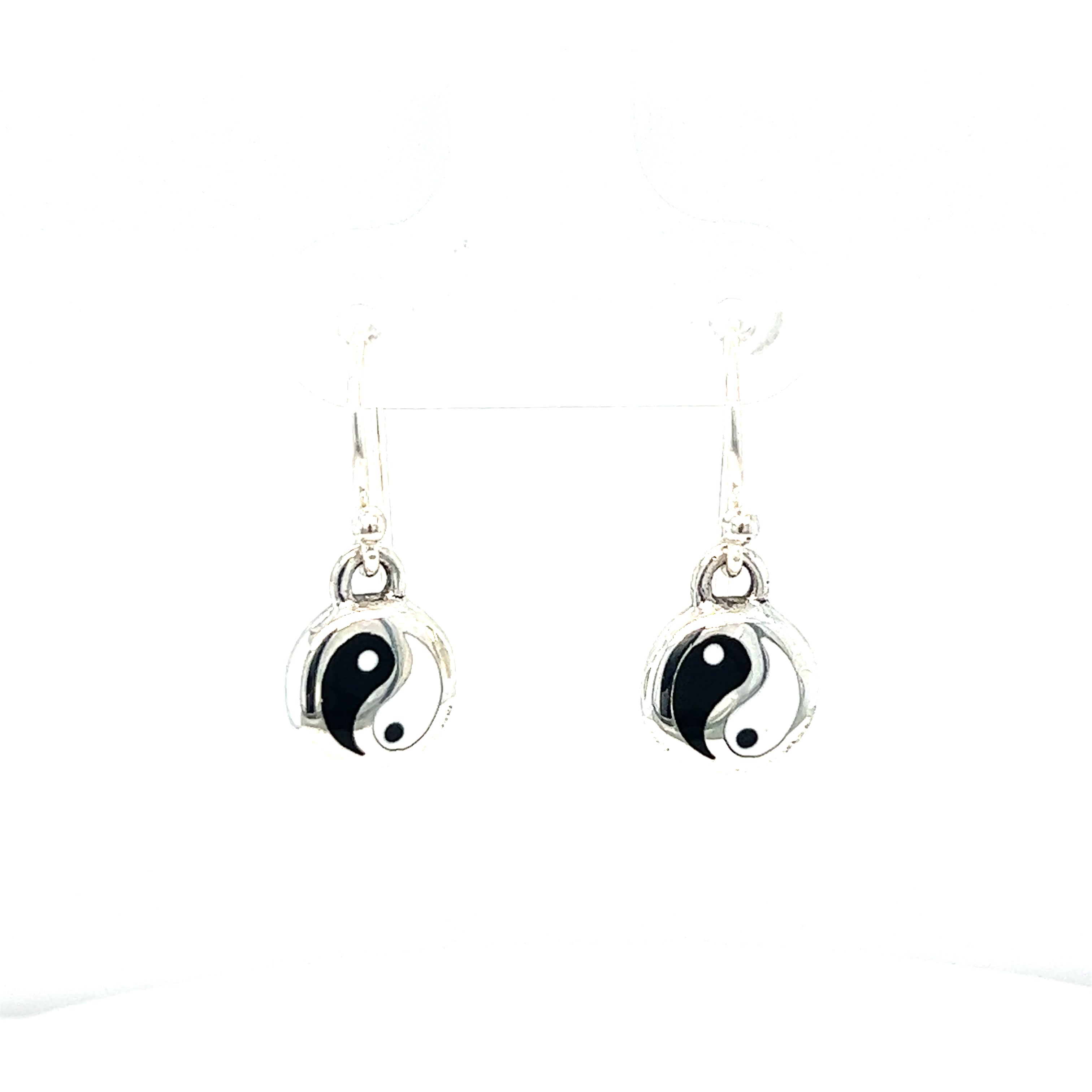 A pair of Round Yin-Yang Dangle Earrings displayed against a white background.