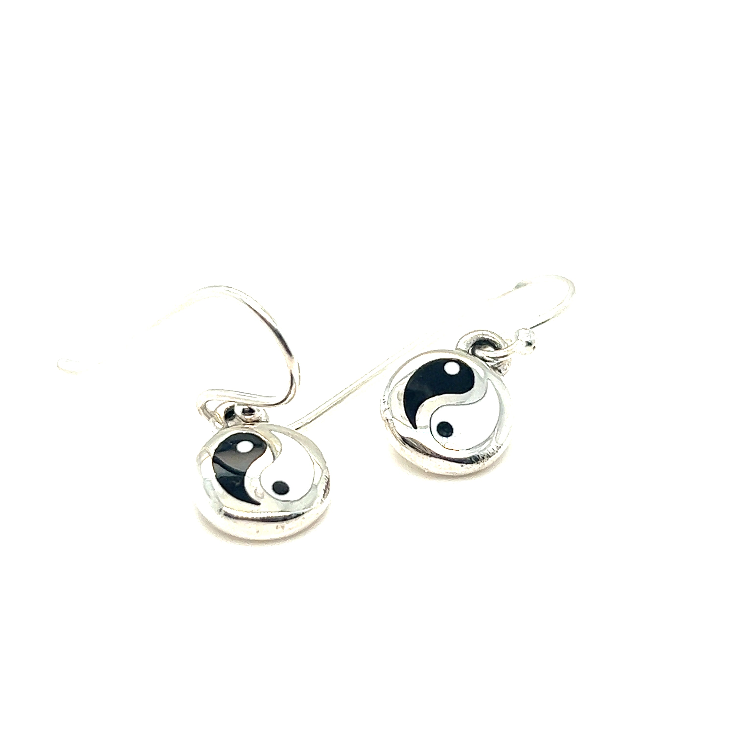 A pair of Round Yin-Yang Dangle Earrings on a white background.