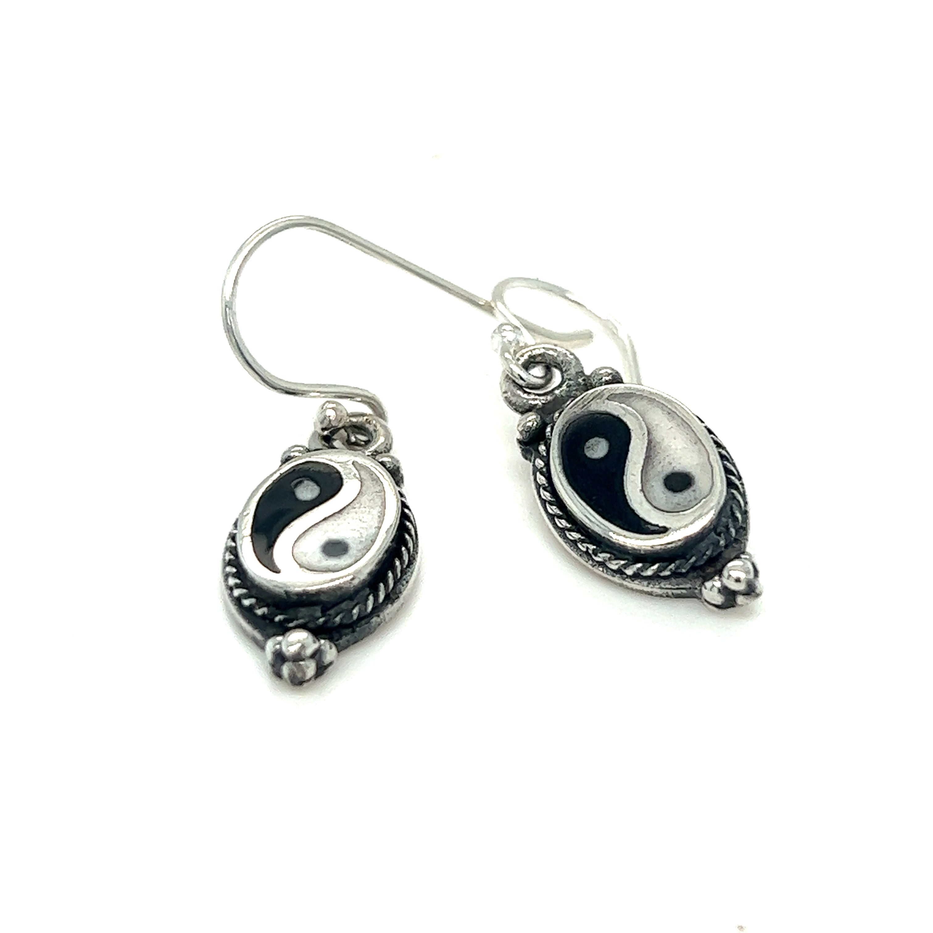 Black and white Yin-Yang Earrings with Rope Border represent balance.