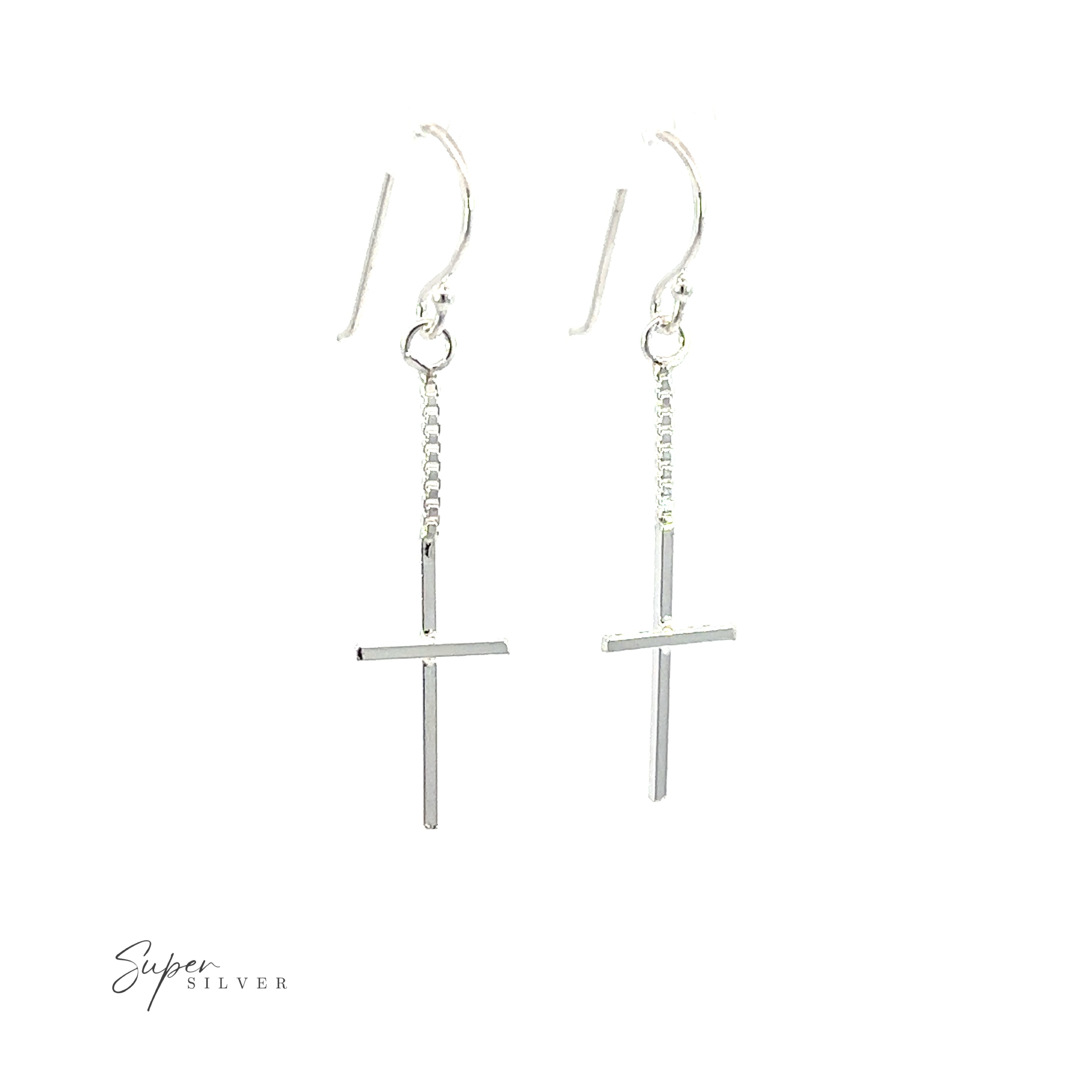 A celestial pair of Minimalist Chain Cross Earrings on a white background.