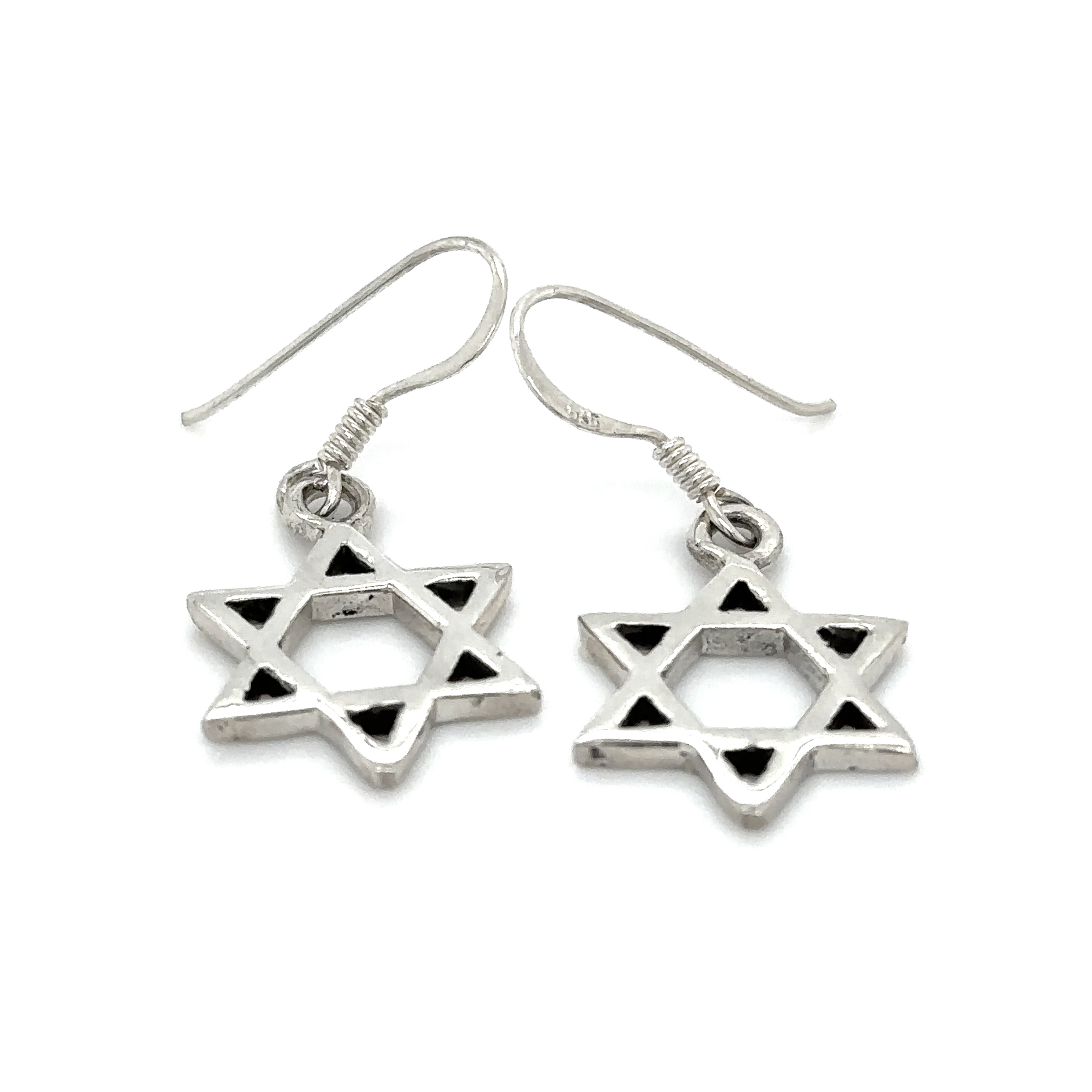 A pair of Super Silver Star of David earrings with hooks.