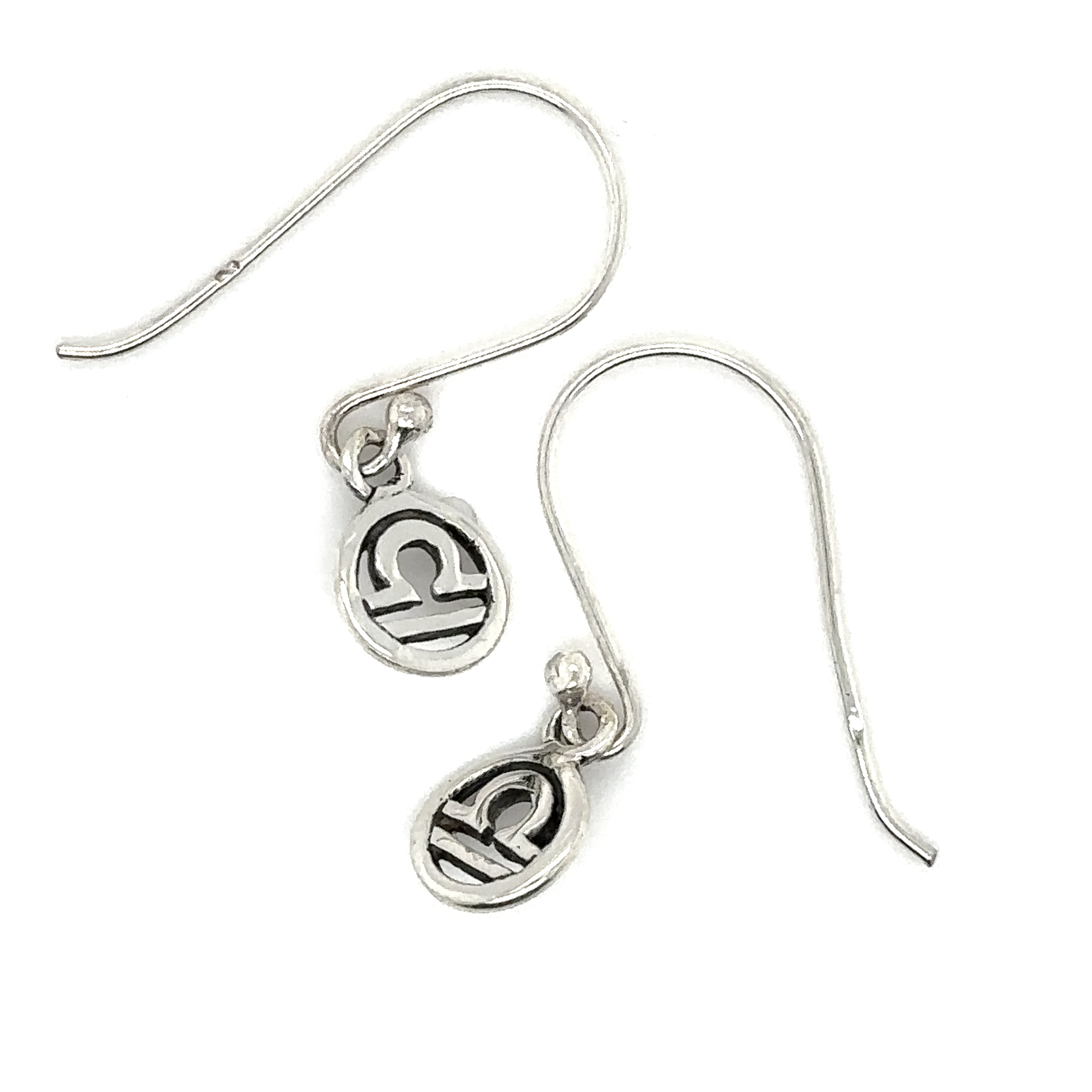 A pair of Super Silver Libra Zodiac Earrings with an initial and Libra zodiac symbol on them.
