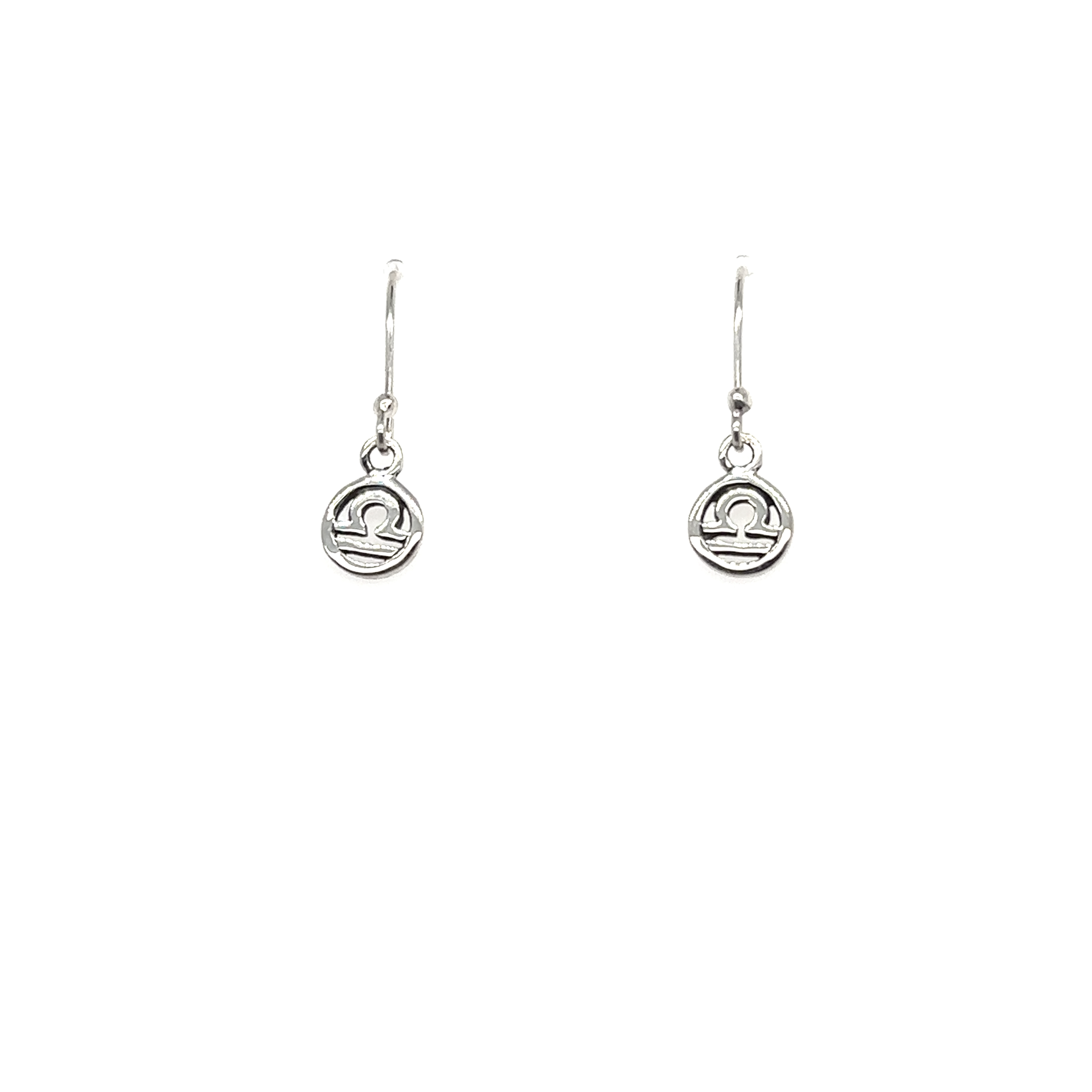 A pair of Super Silver Libra Zodiac Earrings with a circle on them.