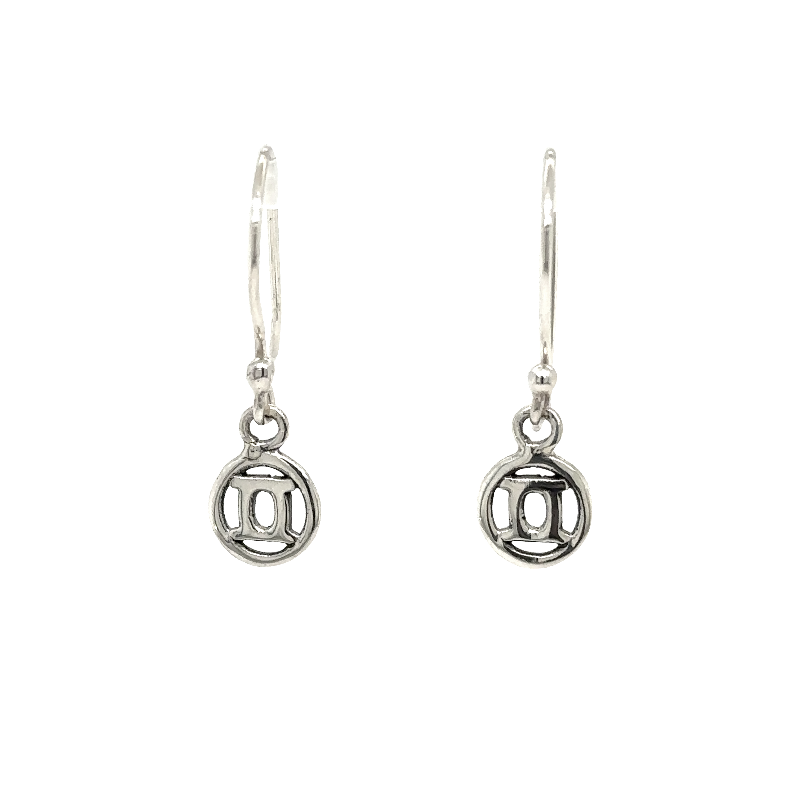 A pair of Super Silver Gemini Zodiac Earrings with a Gemini zodiac symbol.