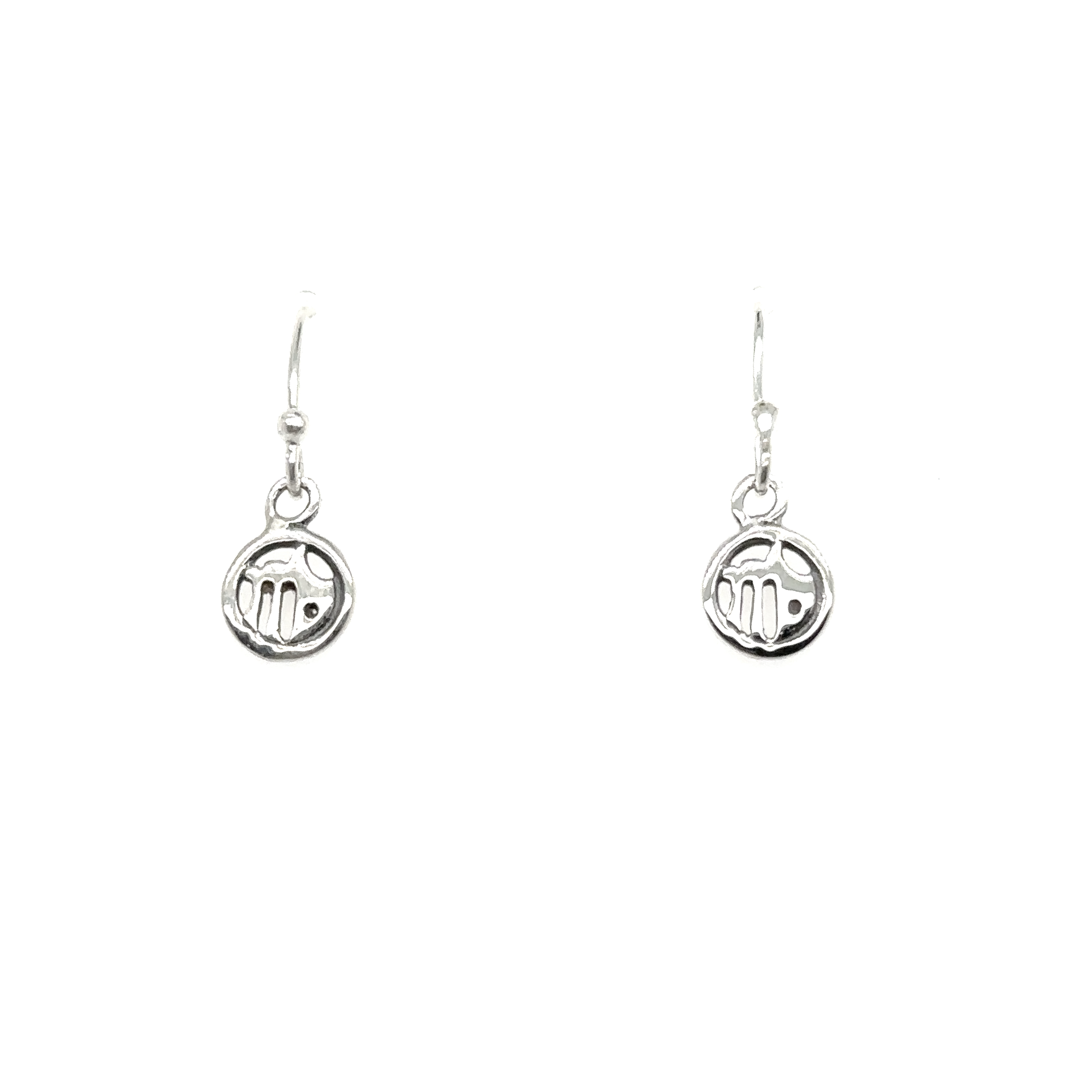 A pair of Super Silver Virgo Zodiac Earrings with a circle on them, made of sterling silver.