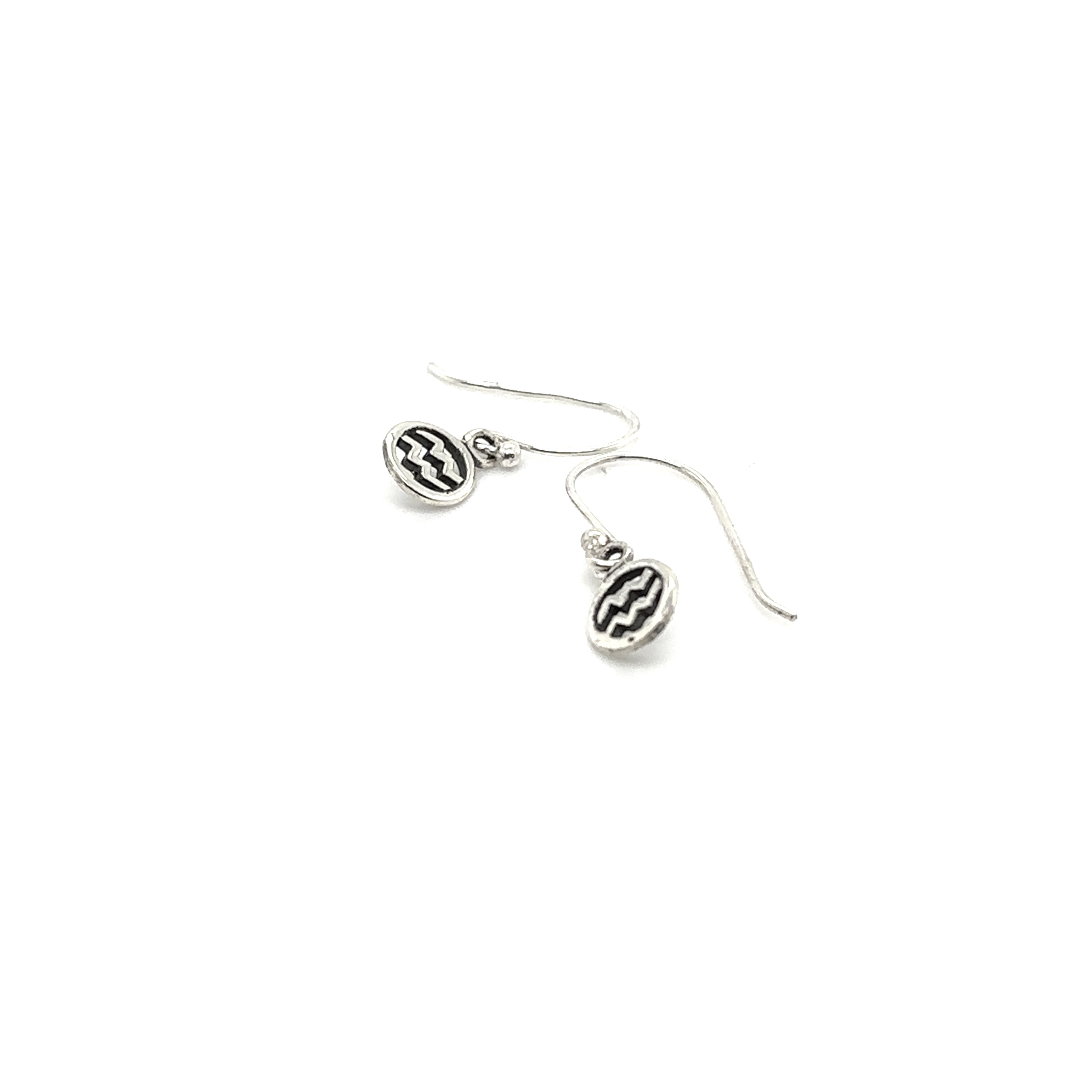 A pair of Aquarius Zodiac Earrings by Super Silver with a black and white design.