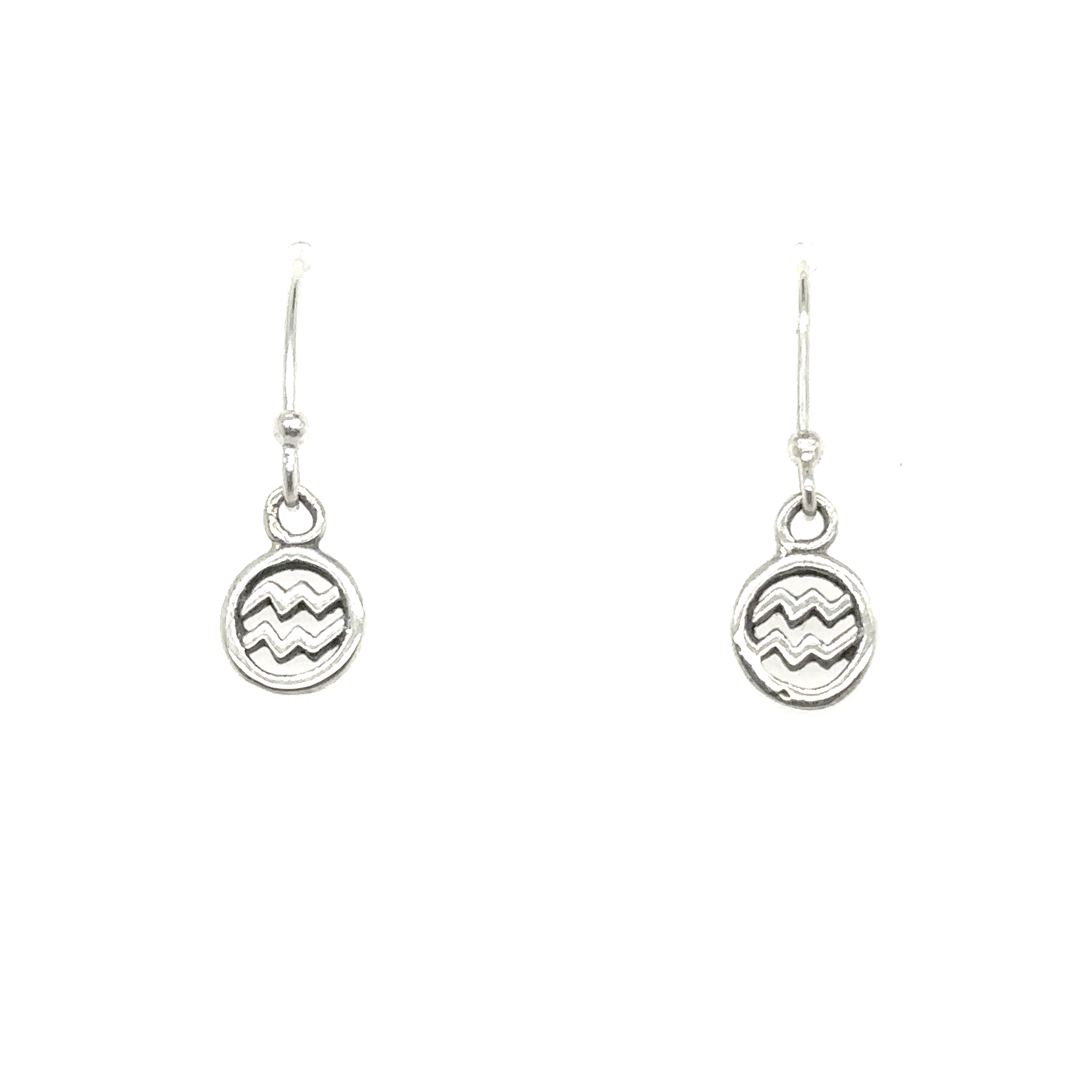 A pair of Aquarius Zodiac Earrings made with Super Silver.