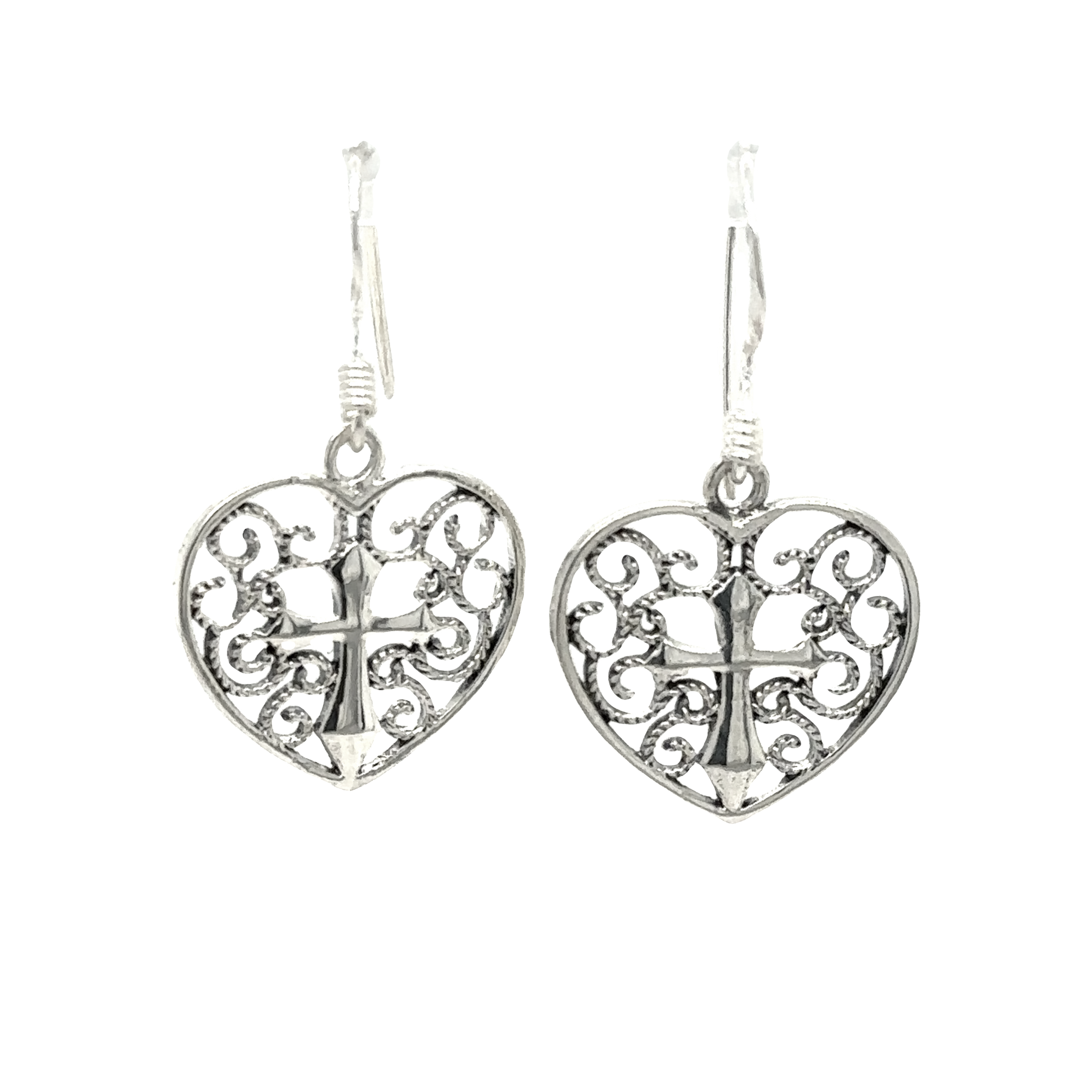 A pair of Filigree Heart with Cross Earrings, crafted from sterling silver, by Super Silver.