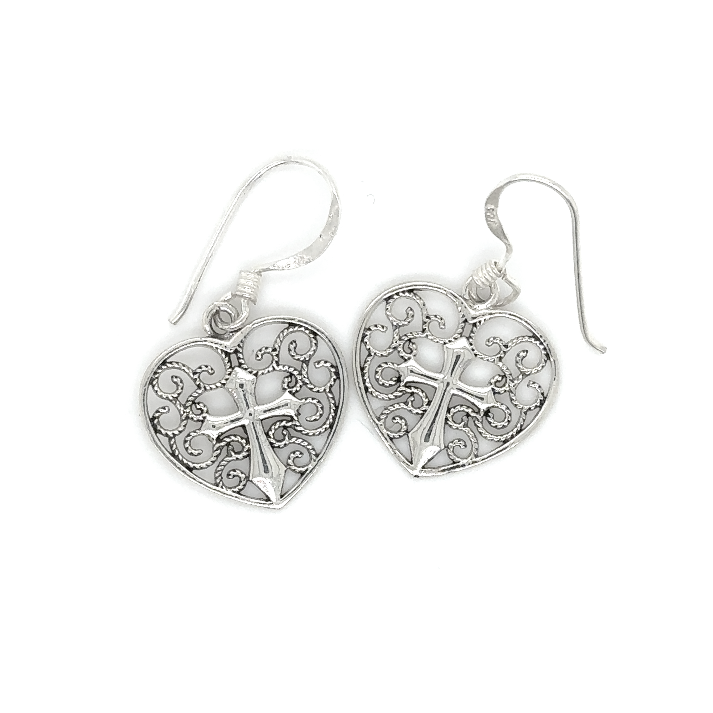 A pair of Super Silver Filigree Heart with Cross Earrings, featuring an Open Filigree Heart design.